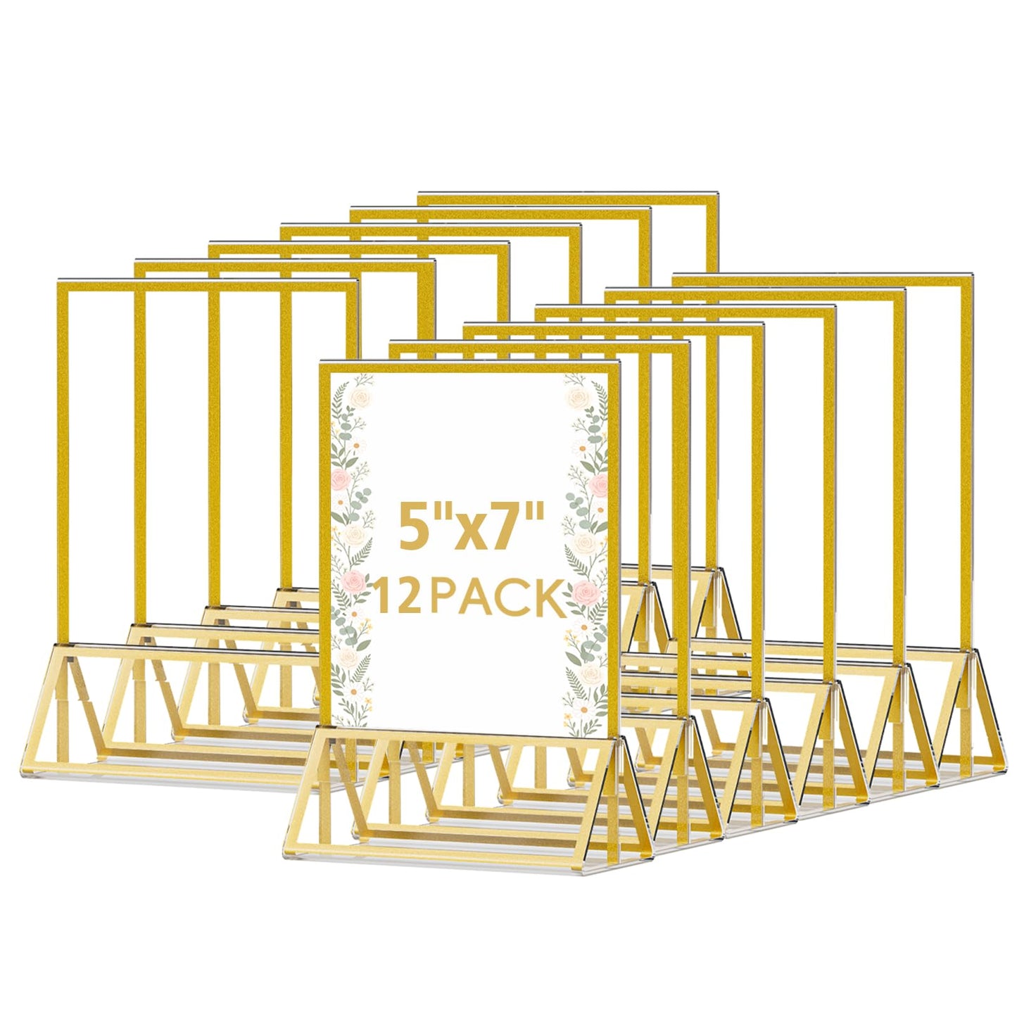 OUKMIC 5"x7" Acrylic Sign Holder with Gold Frame, Double Sided Vertical Display Stand, Clear Tabletop Sign Holders, Menu Flyer Picture Paper Table Numbers Stand for Wedding, Party, Restaurant-12 Pack