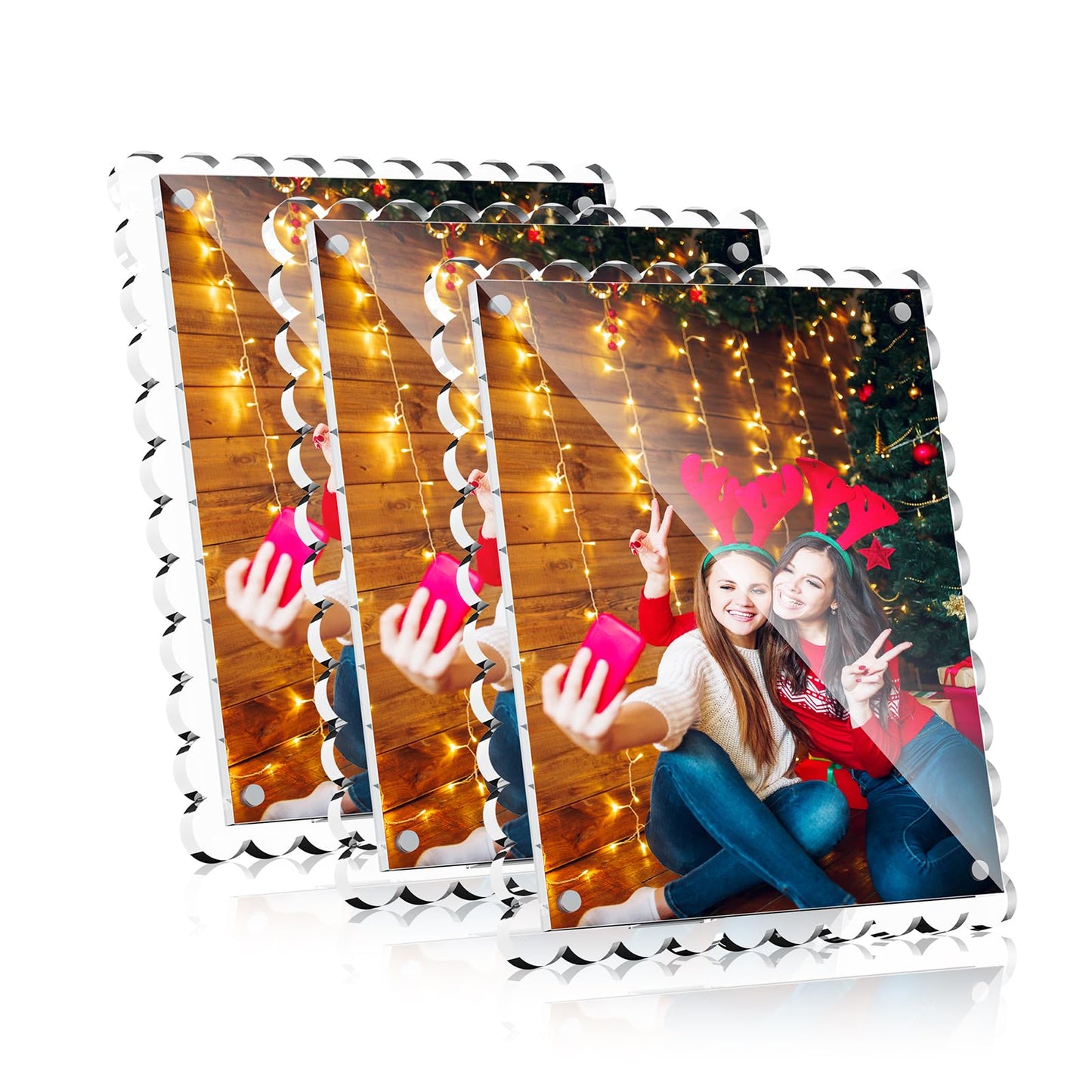 HELPLEX 8x10 Clear Acrylic Picture Frames with Scalloped Edges, 3-Pack Magnetic Frame with Stand for Horizontal or Vertical Display, Tabletop or Desk Photo Holder