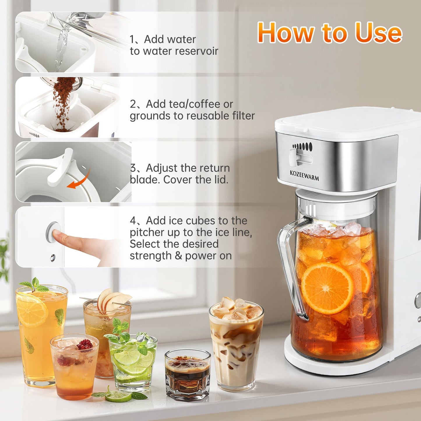 Iced Coffee Tea Maker With Reusable Filter Basket 3 QT Pitcher Iced Tea And Coffee Machine, Tea Makers For Iced Tea, Lattes, Lemonade And Flavored Water (3QT 2)