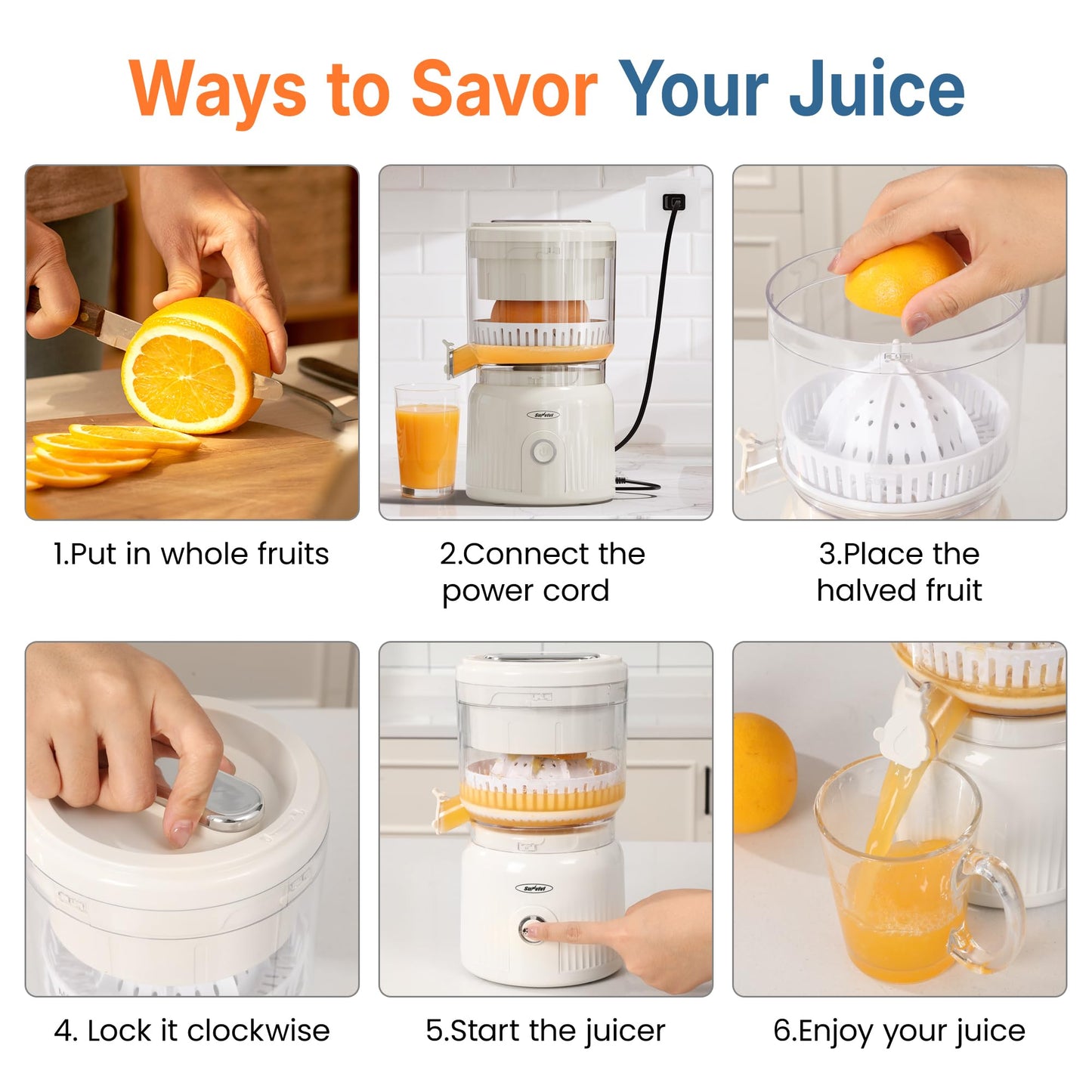 SUNVIVIPRO Electric Citrus Juicer, 90W High-Speed Juice Squeezer with 15,000 RPM Pure Copper Motor, Efficient Orange and Lemon Juicer for Soft Fruits, Compact Design with Easy Cleaning, White