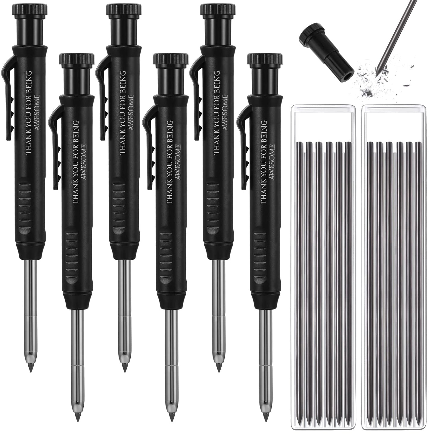 Colarr 10 Pcs Fathers Day Mechanical Carpenter Pencil with 60 Refill Deep Hole Mechanical Pencil Marker with Sharpener Black Solid Gift for Carpentry Architect Birthday