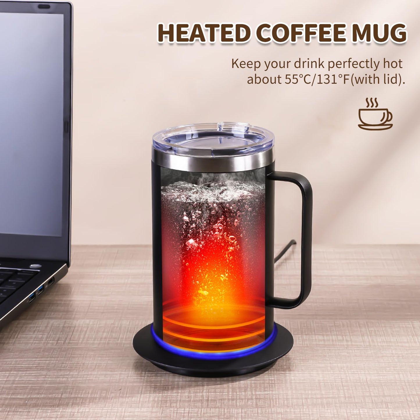 Zhenglu Coffee Warmer Mug Set for Desk, Self Heating Coffee Cup with Lid, USB Electric Coffee Mug with Temperature Control(Black-14oz)