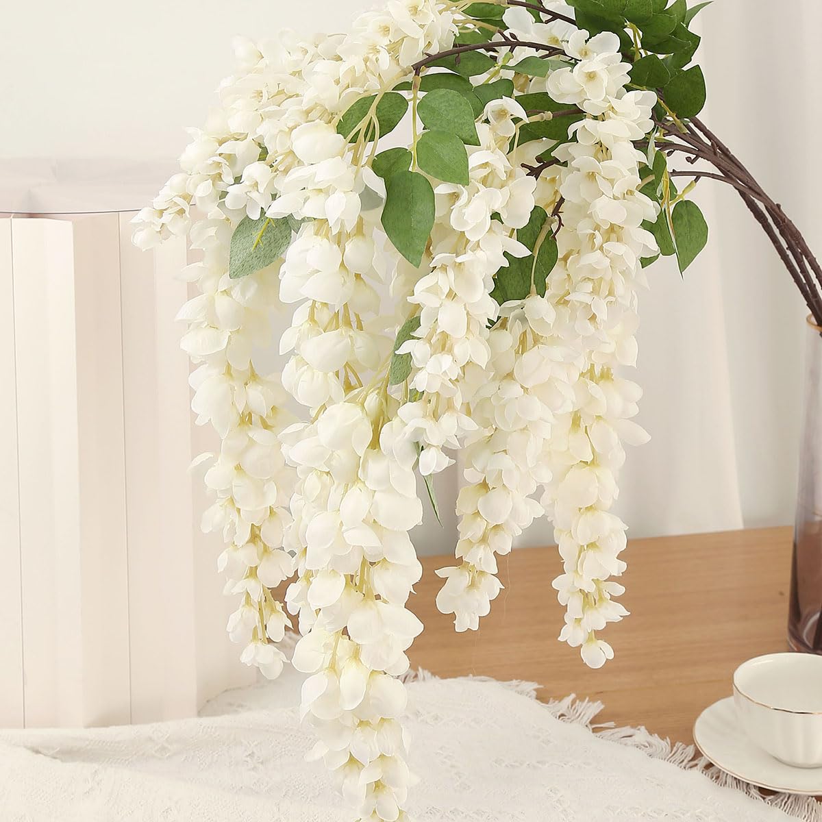 AROIUO 4pcs 47.2-inch Artificial Fake Wisteria Hanging Flower Garland Silk Flower String Home Party Decoration White Blue Pink Purple (White)