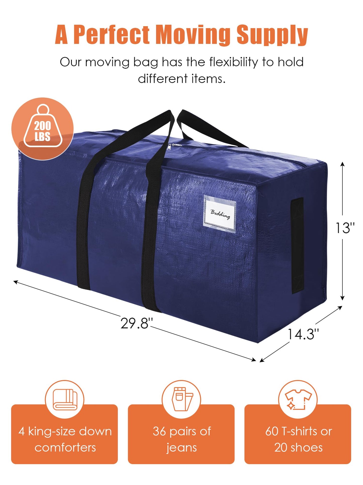 SWEET DOLPHIN 12 Pack 200LB Heavy-Duty Moving Bags with Wrap-Around Handles, Extra Large Storage Totes for Space Saving, Clothes Storage Bags, College Dorm Essentials, Blue, 24 Gal