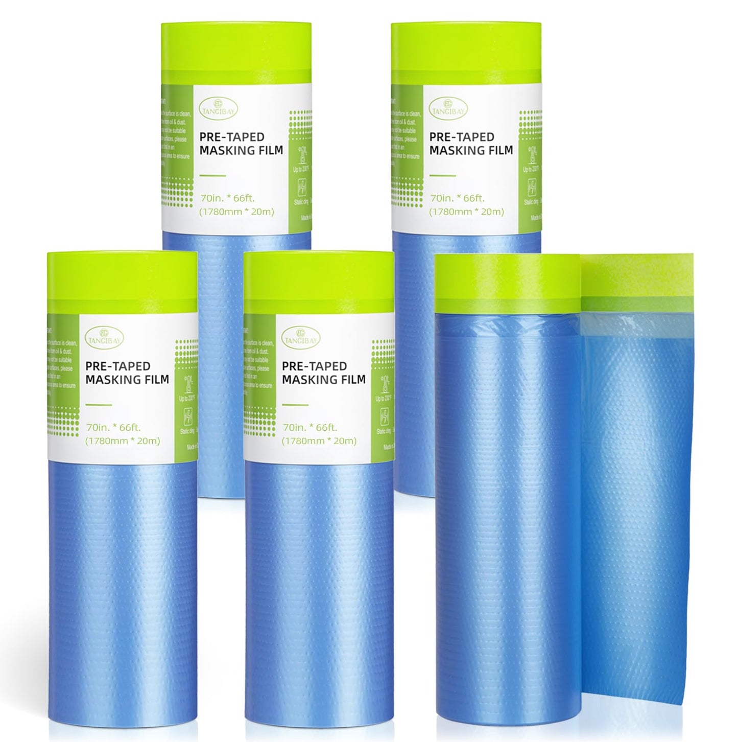 Tangibay Pre-Taped Masking Film for Painting - 70" x 66' Painters Plastic Sheeting for House & Automotive Paint, Tape and Drape for Covering Cars, Walls, Windows and Furniture Protection (5 Rolls)
