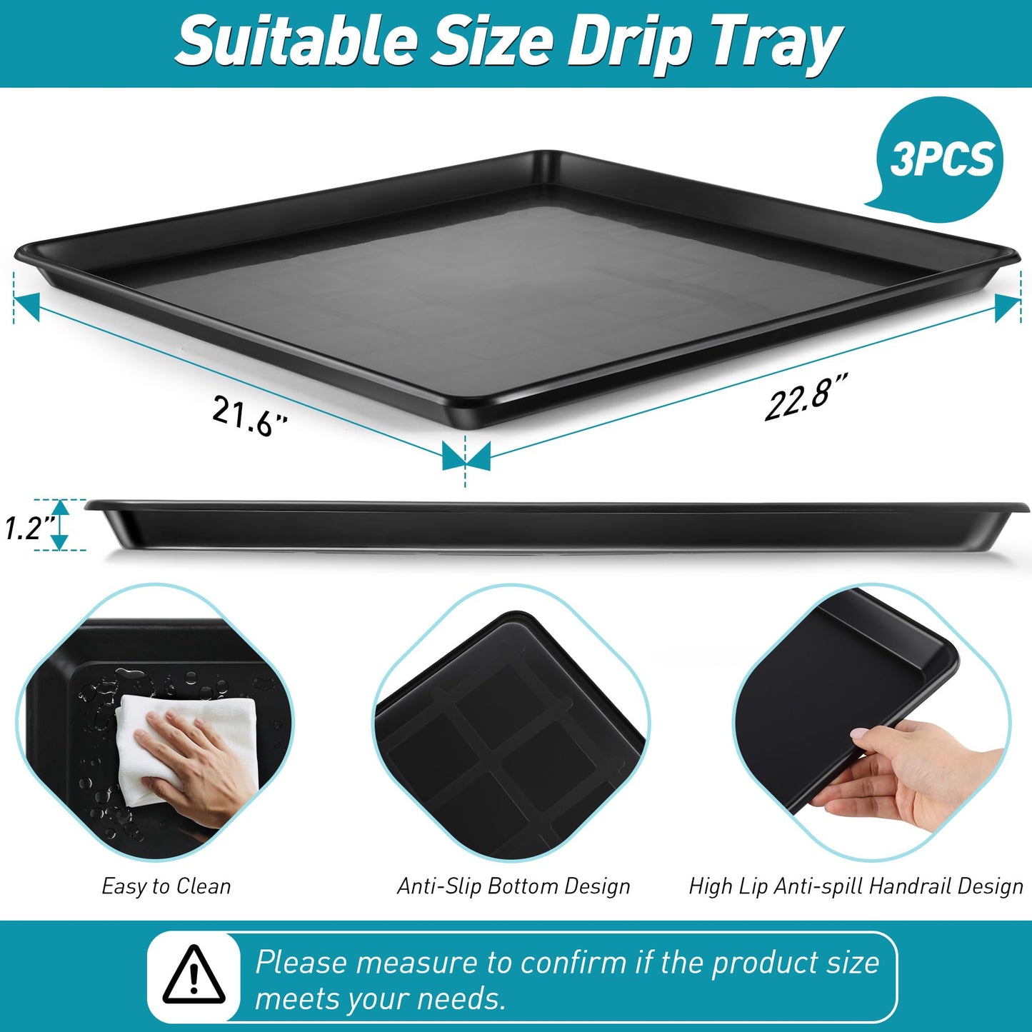 3 Pcs 22'' x 21'' Large Oil Drip Tray, Mini Fridge Drip Pan, Portable Under Washer Pan for Dishwasher, Air Conditioners, Dog Cage and Under Car