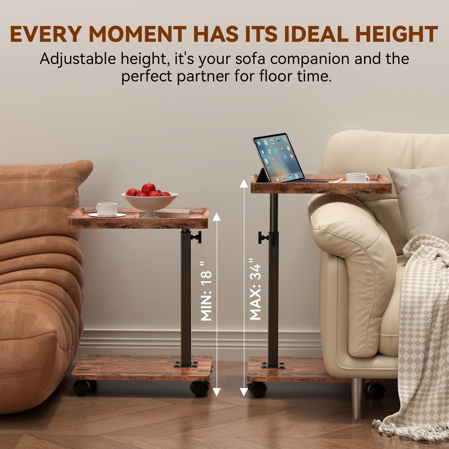 QAUUQQ C Table Side Table Adjustable Height, 360°Swivel TV Tray Table with Wheels, Small Table for Eating, Dinner, C Shaped End Tables Living Room and Bedroom for Sofa, Couch, Bed,Chair, Snack
