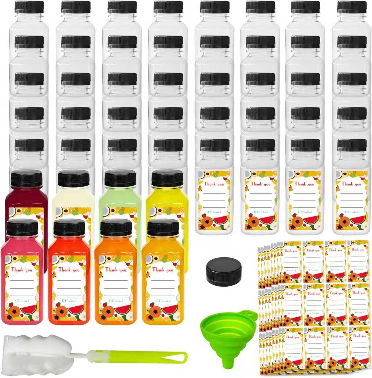 Sanyuanzhou 48pcs 8oz Juice bottle with caps,Plastic bottles with caps, Reusable Clear Bulk Beverage Containers for Juice, Milk and Other Beverages