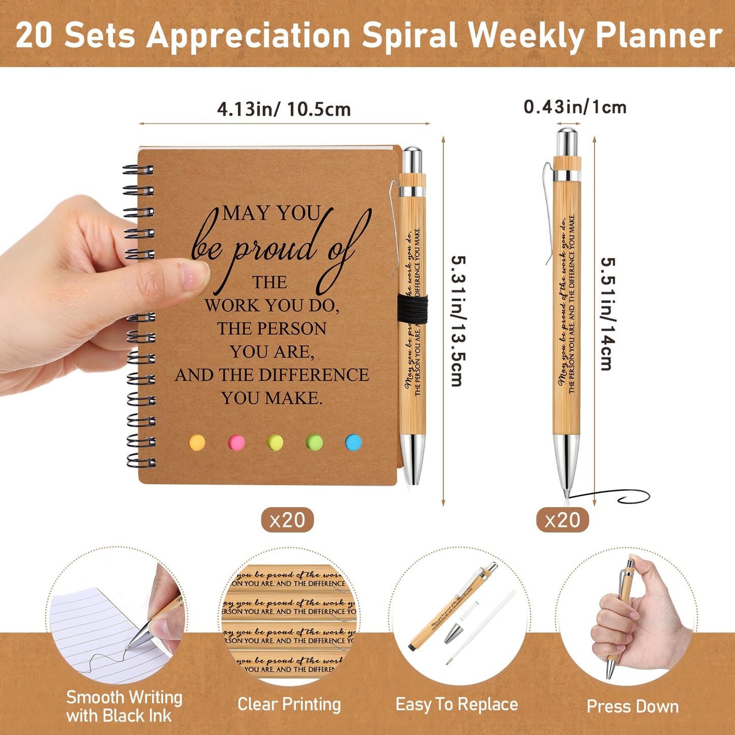 Moinchore 20 Sets End of Year Student Gifts Employee Appreciation Gifts Inspirational Spiral Notebooks with Sticky Notepad and Pen for Graduation Student Teacher Staff CNA Week (May You Be Proud)