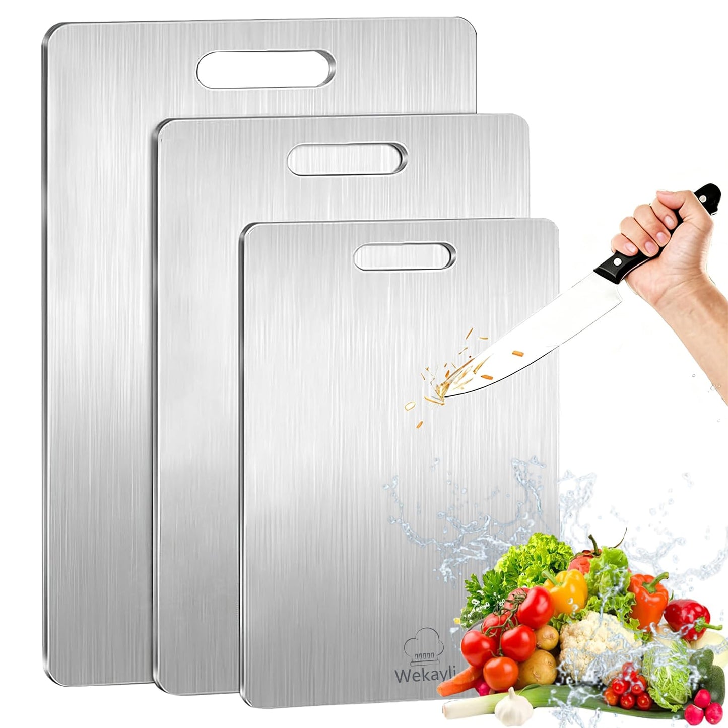 Wekayli 304 Stainless Steel Cutting Board for Kitchen, Non Toxic Cutting Boards Set, Dishwasher Safe and Knife Friendly Chopping Board for Meat Vegetable Fruit(15"x 11",13"x 9",10"x 6")