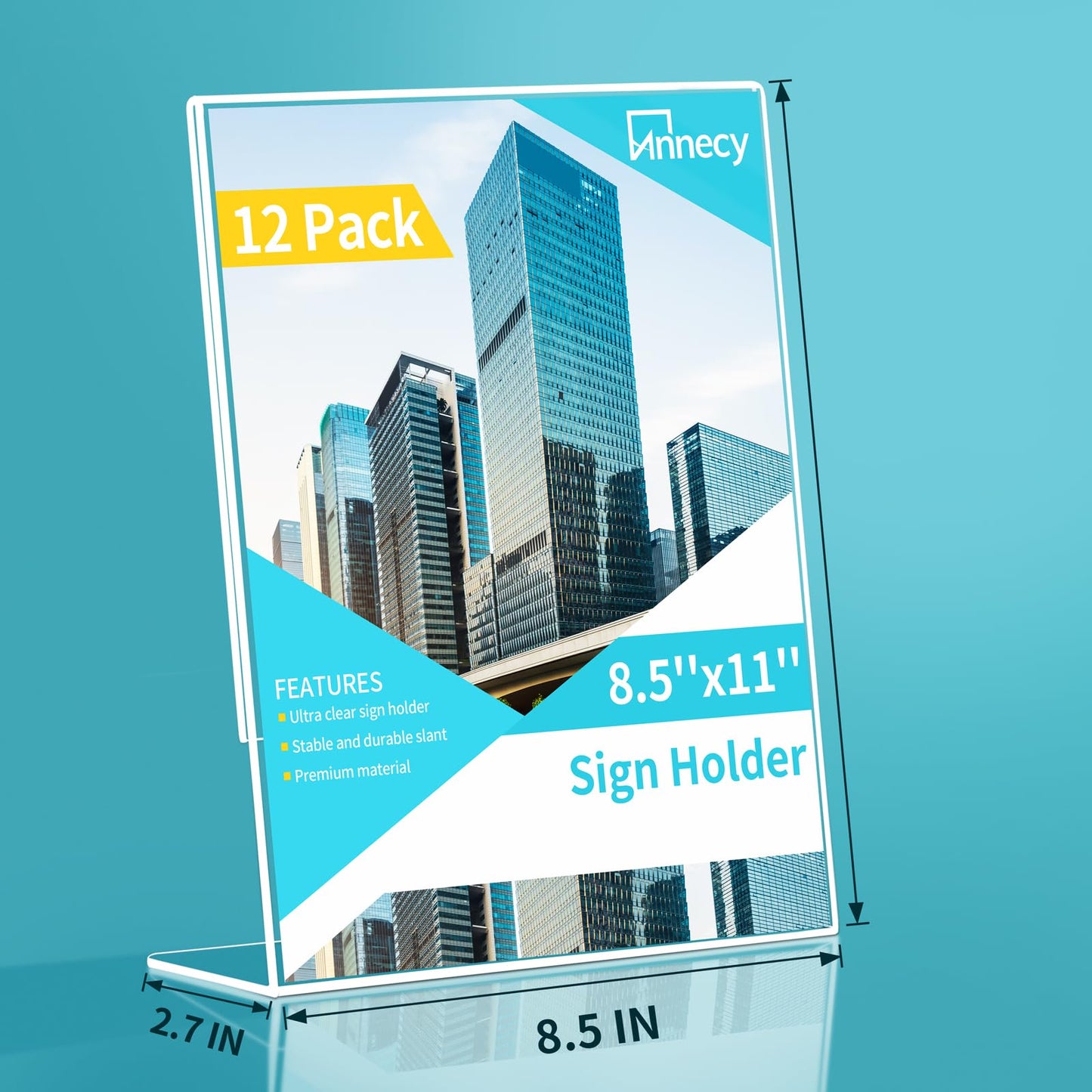 Annecy Sign Holder 8.5 x 11, 12 Pack, L Shape Plastic Clear Sign Stand for Display, Double-Sided, Slanted Back Design, Wide Use Plastic Material