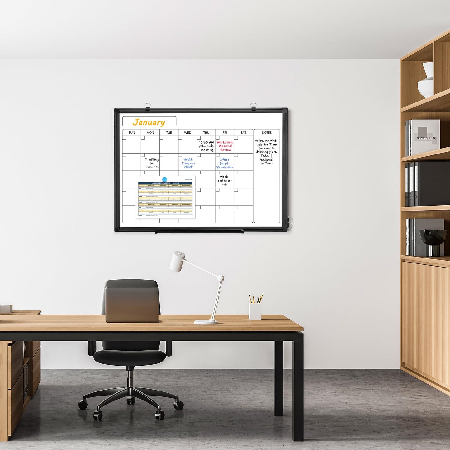Monthly Calendar Dry Erase Whiteboard, 24" x 18" Magnetic Calendar White Board, Double-Sided Portable Board with Black Aluminium Frame for Office, Kitchen, School, Home