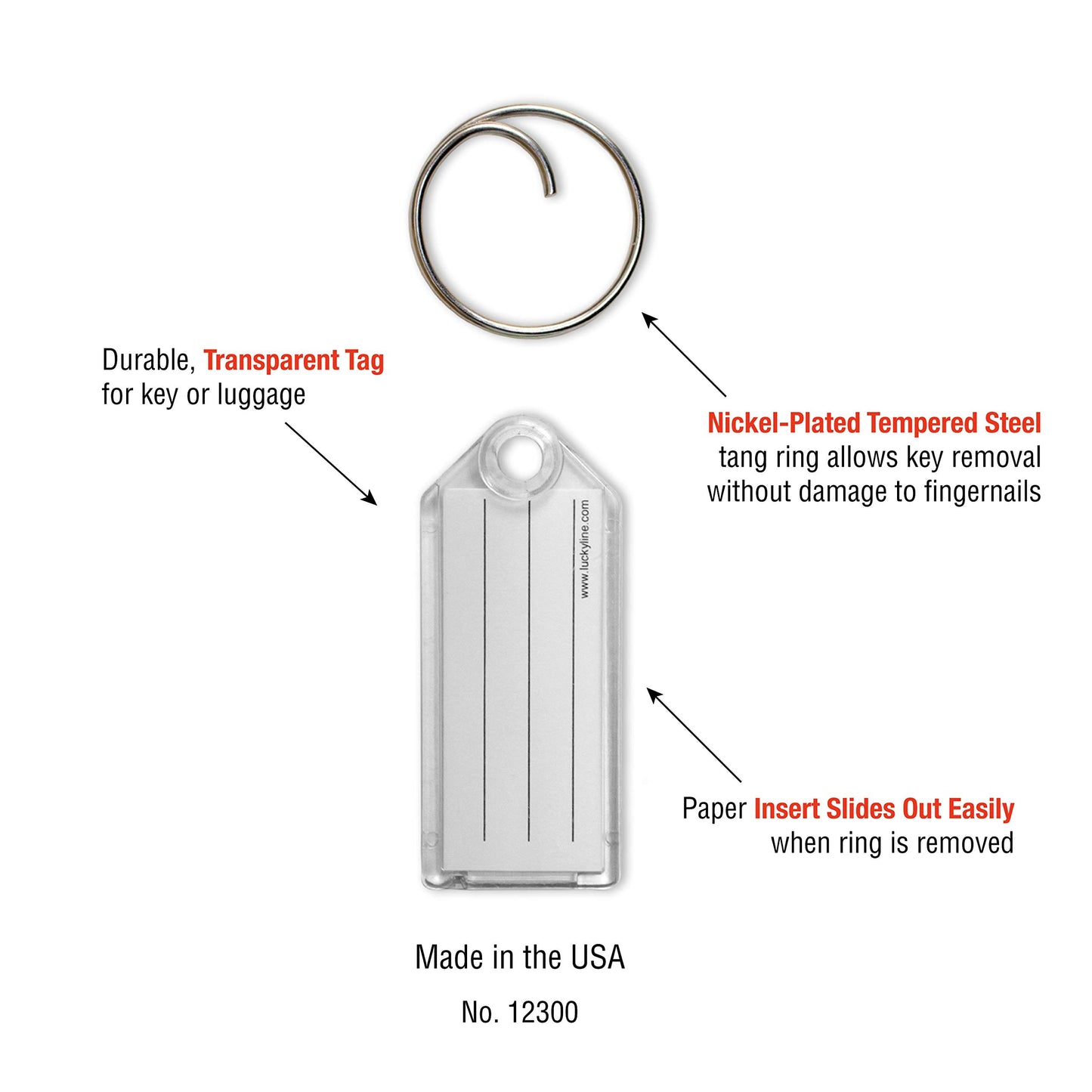 Lucky Line Key Tag with Tang Easy Key Ring, Clear, Box of 100 (1230010)