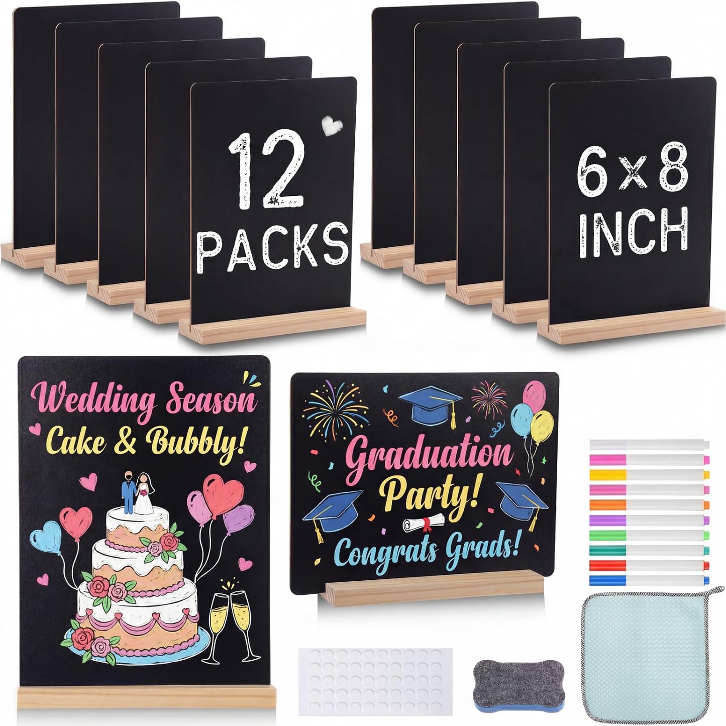 Tosstuki 12 Pack Small Chalkboard Signs with Stand 6x8 Inch Antislip Mini Tabletop Black Board Double Side Restaurant Food Display Message Board for Wedding Birthday Party Coffee Shop(Wood Color)