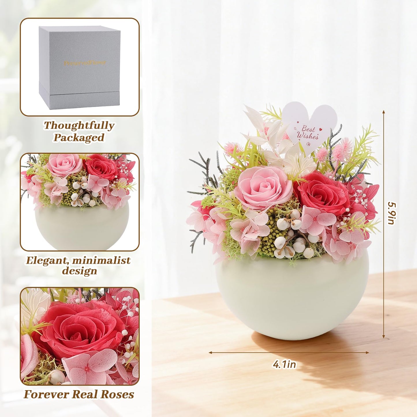 Memorvia Preserved Flower with Vase for Delivery Prime, Natural Forever Rose (Pink Eternal Floral Arrangement)
