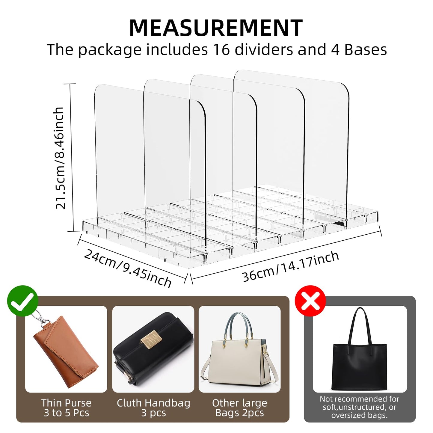 MSHOMELY Stackable Bag & Purse Organizer for Closet Shelf Acrylic Shelf Dividers for Closet Organization, Clear Handbag Purse Storage Organizer Divider, Keep Clutch, Wallet, Pocketbook Upright, 4 Pack