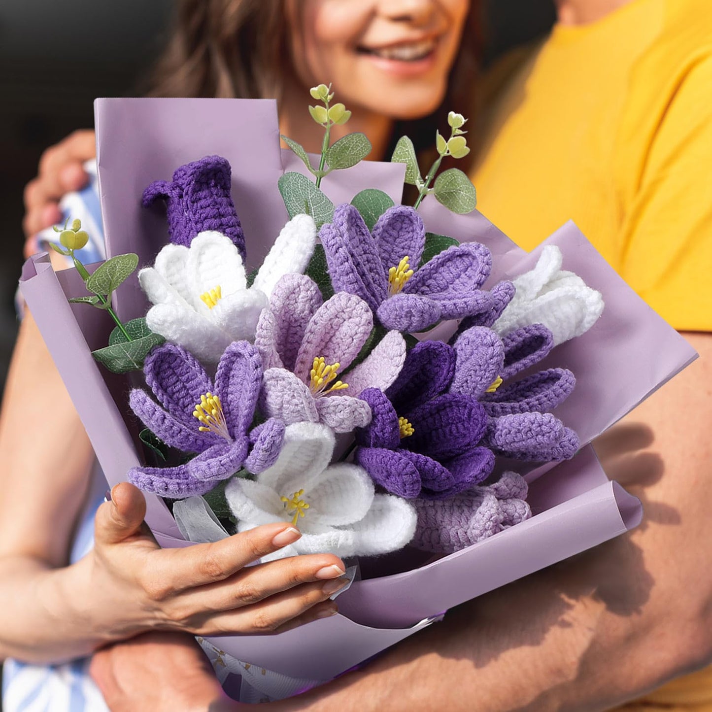 Juinte Mothers Day Crochet Flowers Bouquet Gift Completed Handmade Knitted Flowers with LED Lights Tulips Bouquet Gift for Mother Day Women Birthday Graduation Wedding Home(Purple)
