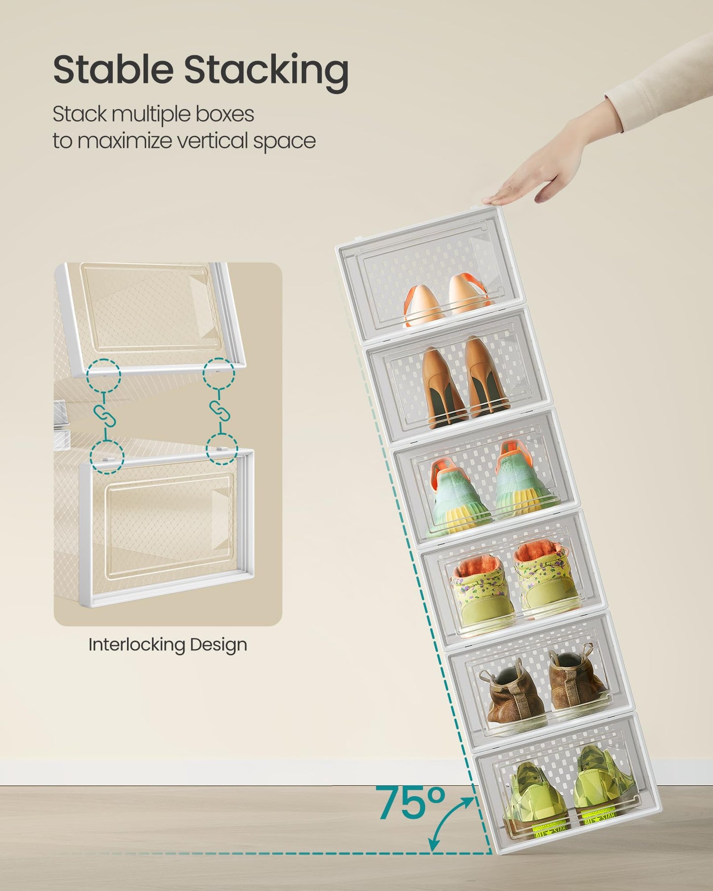 SONGMICS Shoe Boxes, Pack of 15 Shoe Storage Organizers, Stackable Clear Plastic Boxes for Closet, Sneakers, 13.1 x 9.1 x 5.6 Inches, Transparent and White ULSP015W02