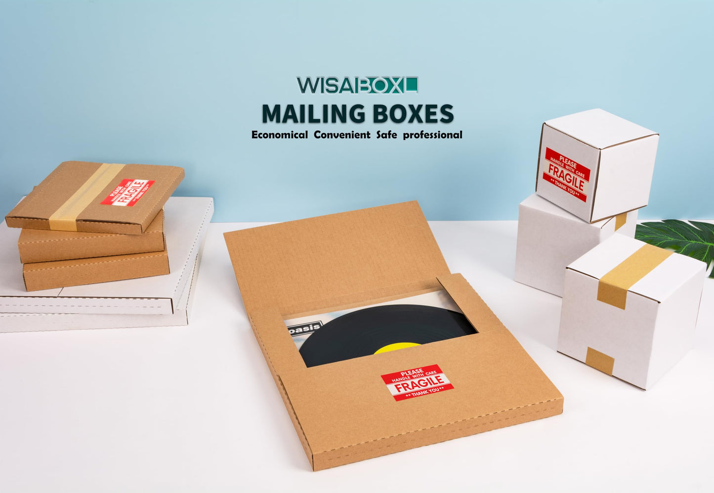 Wisaiboxl Kraft LP Mailers, 12.8x12.8x1 inch, Easy-Fold, Multi-Depth Vinyl Record Shipping Boxes with Fragile Stickers, 15 Pack