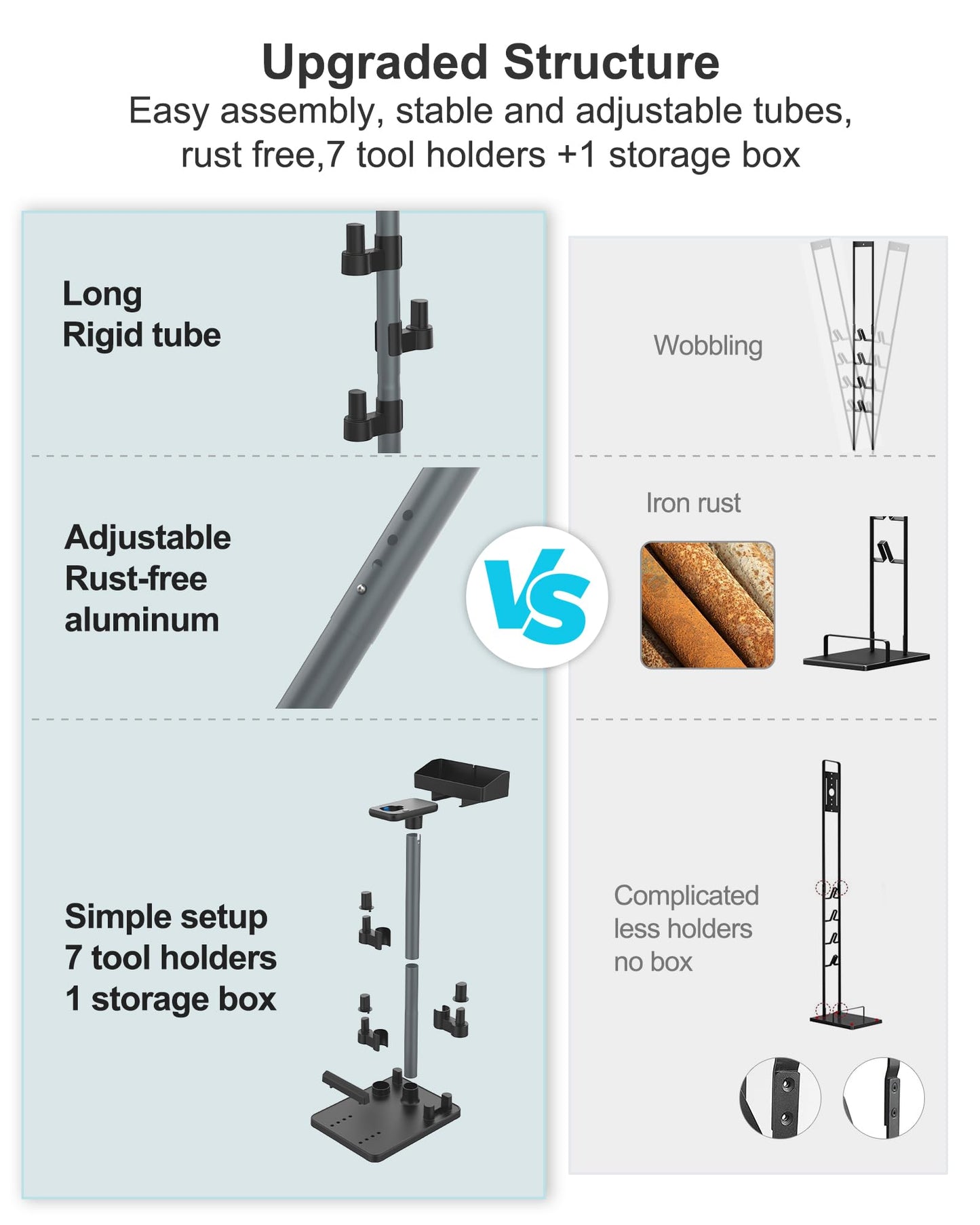 Portek Cordless Vacuum Stand, Height-Adjustable Stick Vacuum Standing Dock Station, 7 Accessory Holders Attachments Organizer and Storage Box (Max. 1.8" Vac Wand)