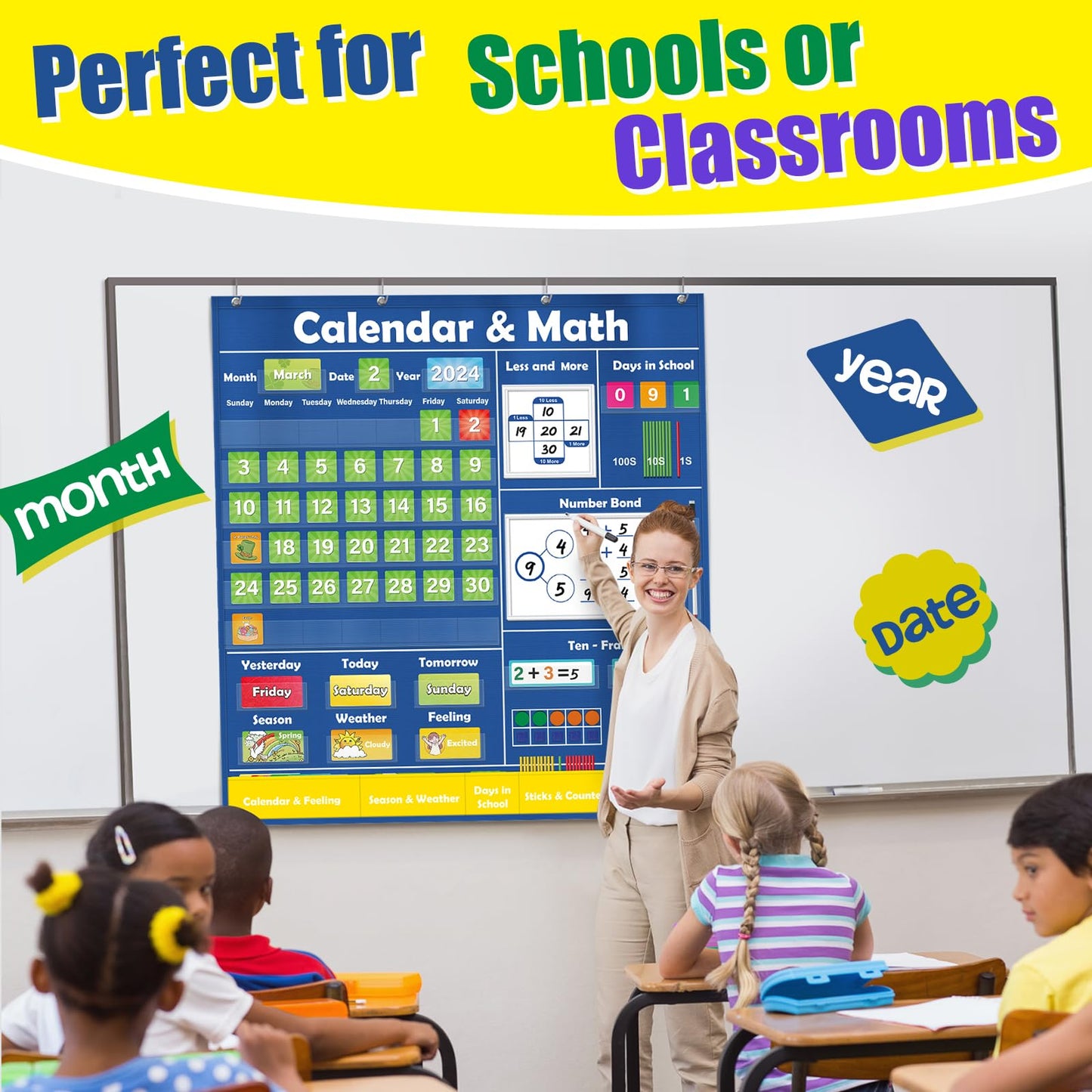 Quilinz Pocket Chart for Classroom,Toddler Preschool Math Calendar,Circle Time Learning Center,Math Manipulatives with Counting,Addition and Subtraction Games,Homeschool Supplies,Classroom Must Haves