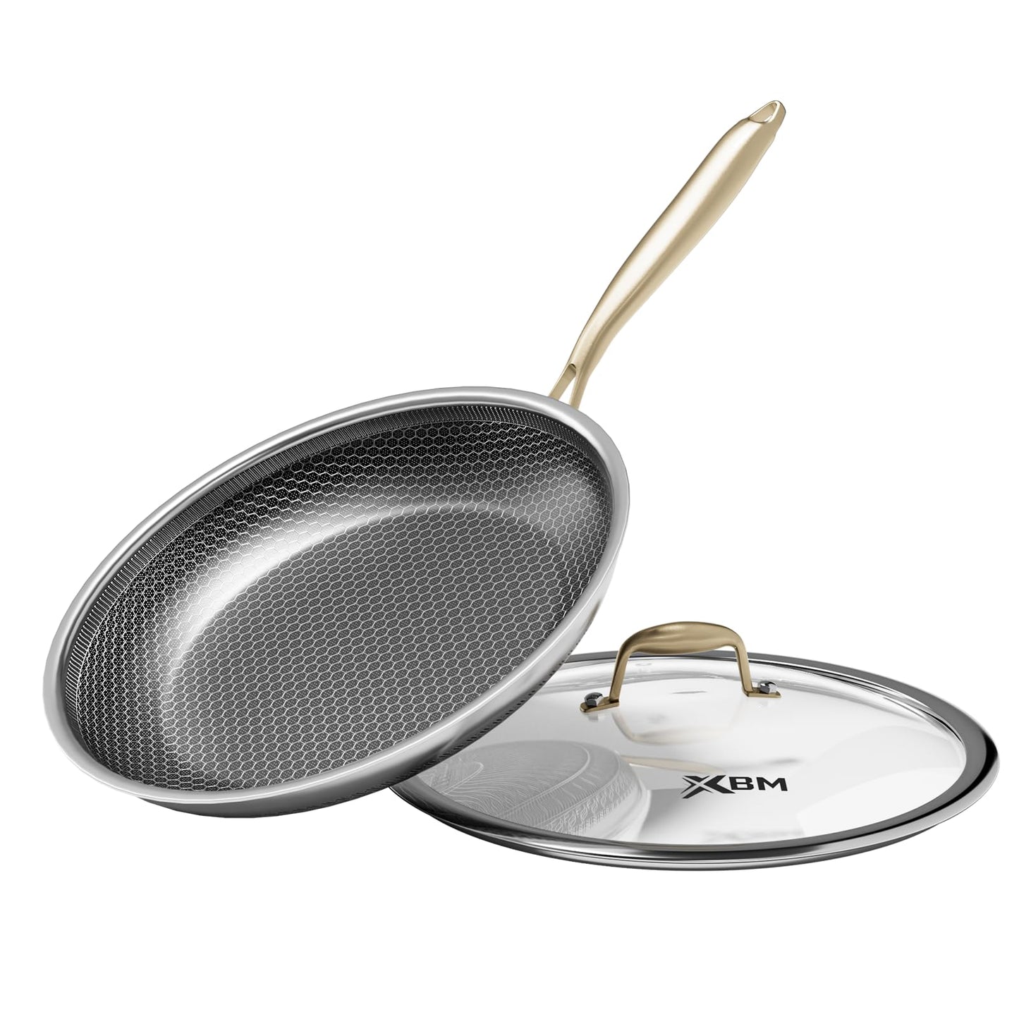 XBM Nonstick Frying Pan with Lid 10-Inch, Durable Stainless Steel Skillet, Induction Cooktop Compatible, PFOA-Free Scratch-Proof, Dishwasher & Oven Safe, Stay-Cool Handle, Silver Kitchen Cookware