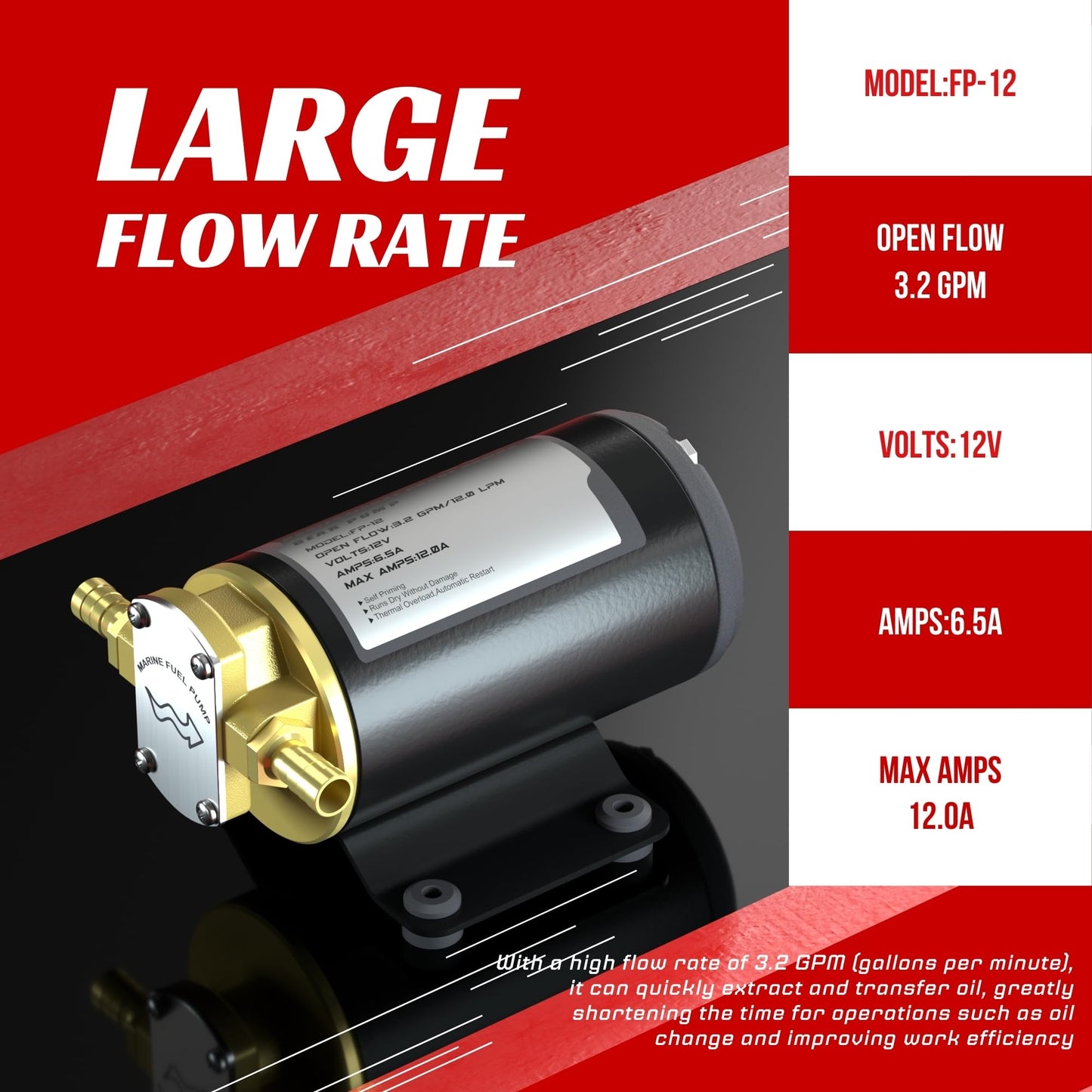 12V Oil Transfer Pump, 3.2GPM Gear Oil Pump, Lubricant Diesel Engine Scavenge Oil Extractor Pump, Portable Oil Suction Pump Self Priming for Marine Machinery Oil Change Pump