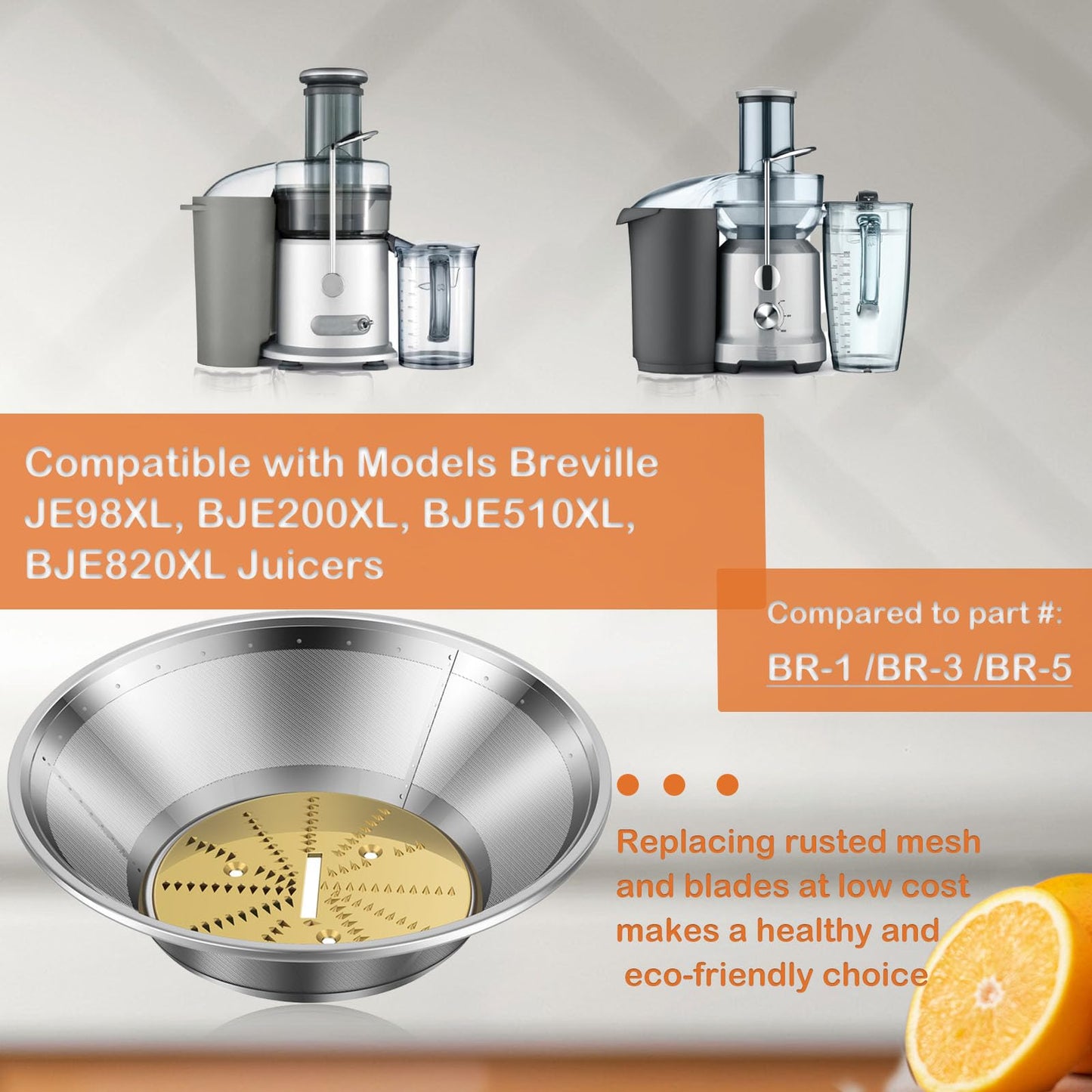 BR-3/BR-1 Juicer Mesh Filter Basket （No Base）Compatible with Breville Juice Models BJE510XL,BJE820XL,JE98XL, BJE200XL, With Mesh Strainer Bowl, Blade, Screws & Wrench,Easy to Replace