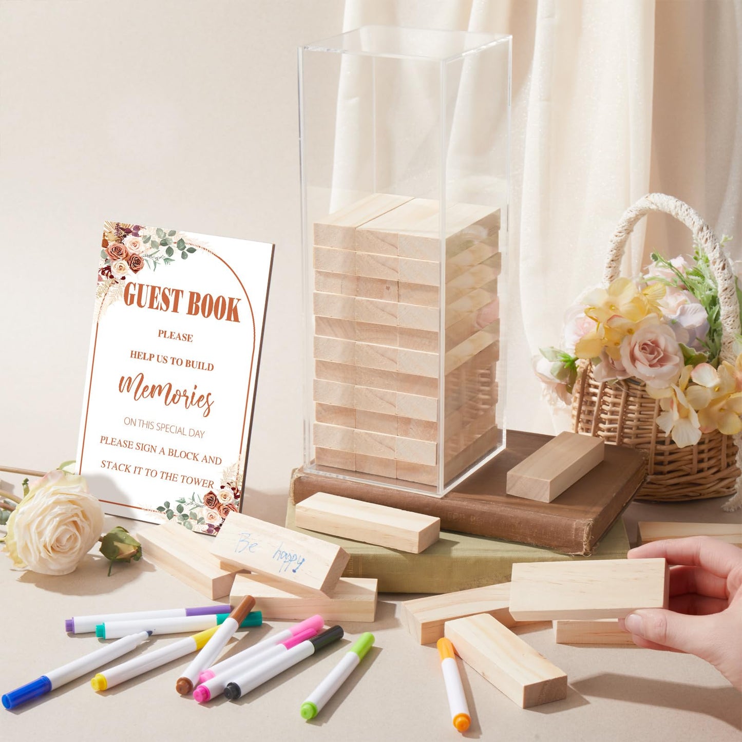 Beeveer 80 Pcs Wedding Guest Book Alternative Wooden Block Guest Book for Wedding Sign in Bridal Shower Decoration 54 Pcs Wooden Block Bridal Shower Game for Sign in, Reception(Rustic)