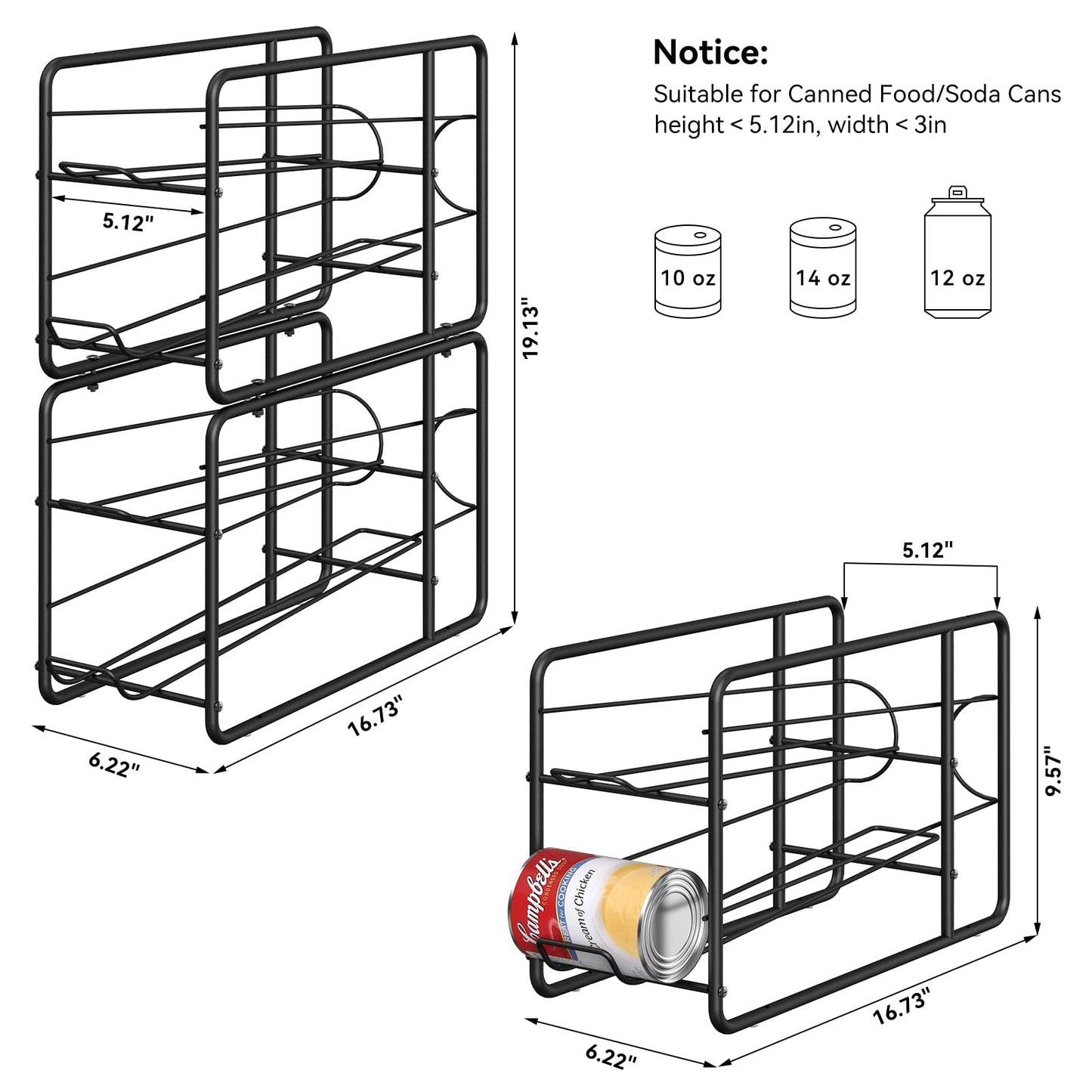 MOOACE 4 Pack Can Dispenser Rack, Stackable Soda Can Organizer Holder for Canned Food Storage Kitchen Cabinet Pantry Countertop, Black