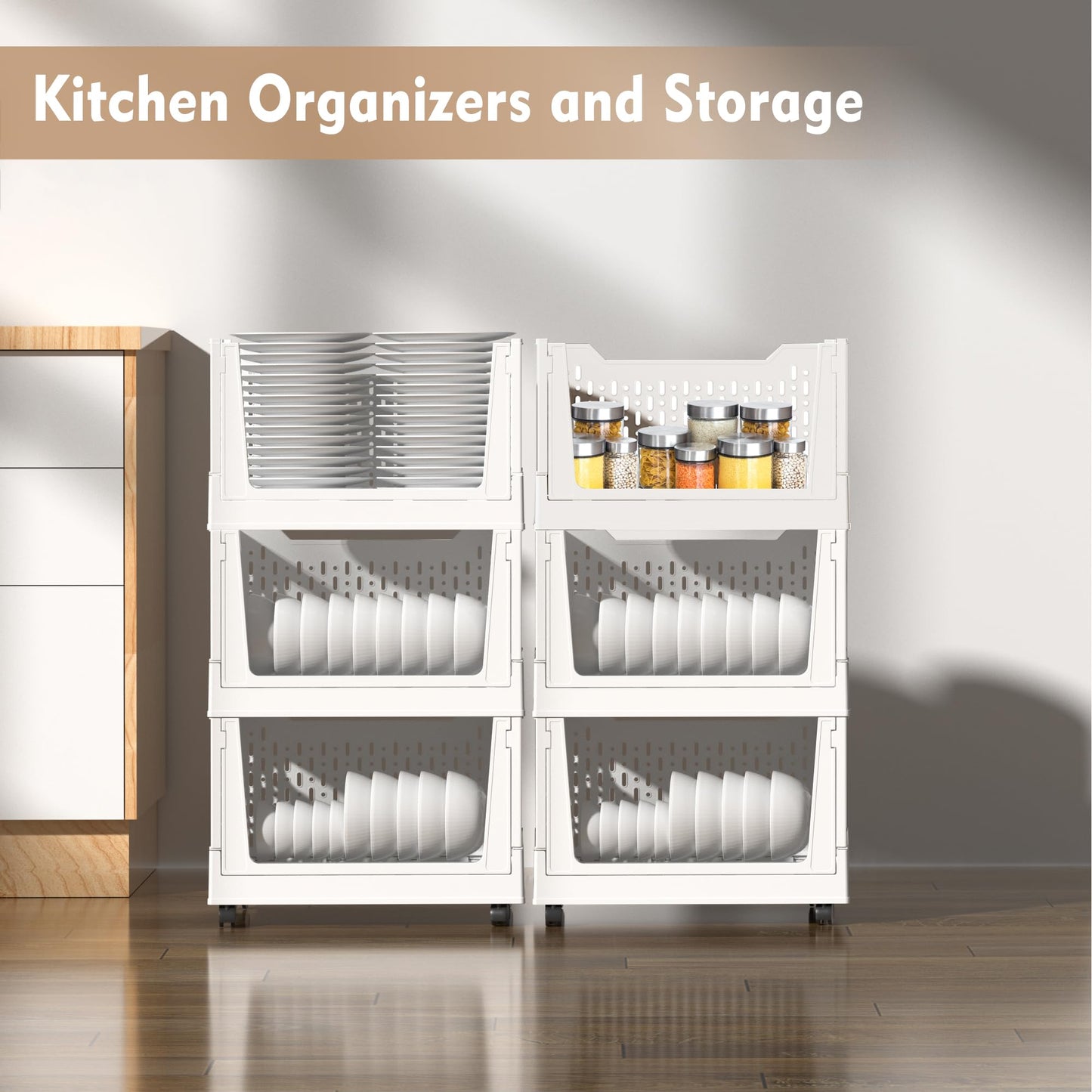 Stackable Plastic Storage Basket, 3 Pack Foldable Closet Organizers and Storage Bins with Wheels, Collapsible Drawer Shelf Storage Box Container for Office Bedroom Closet Wardrobe Kitchen Bathroom