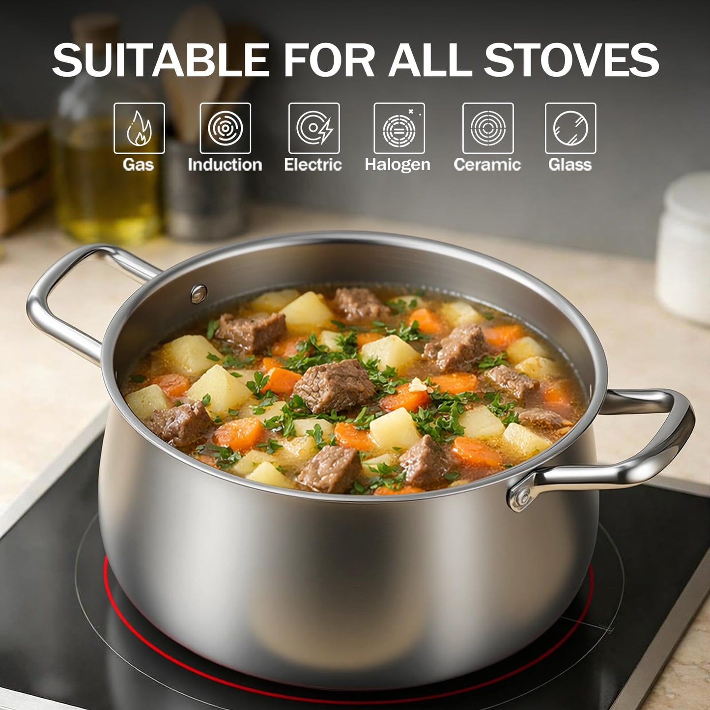 Tifanso Tri-Ply 8 Quart Stainless Steel Stock Pot - Heavy Duty Large Induction Cooking Pot with Lid for Pasta, Soup, Spaghetti, Nonstick Deep Stockpot, Kitchen Cookware for Simmer, Canning, Boiling