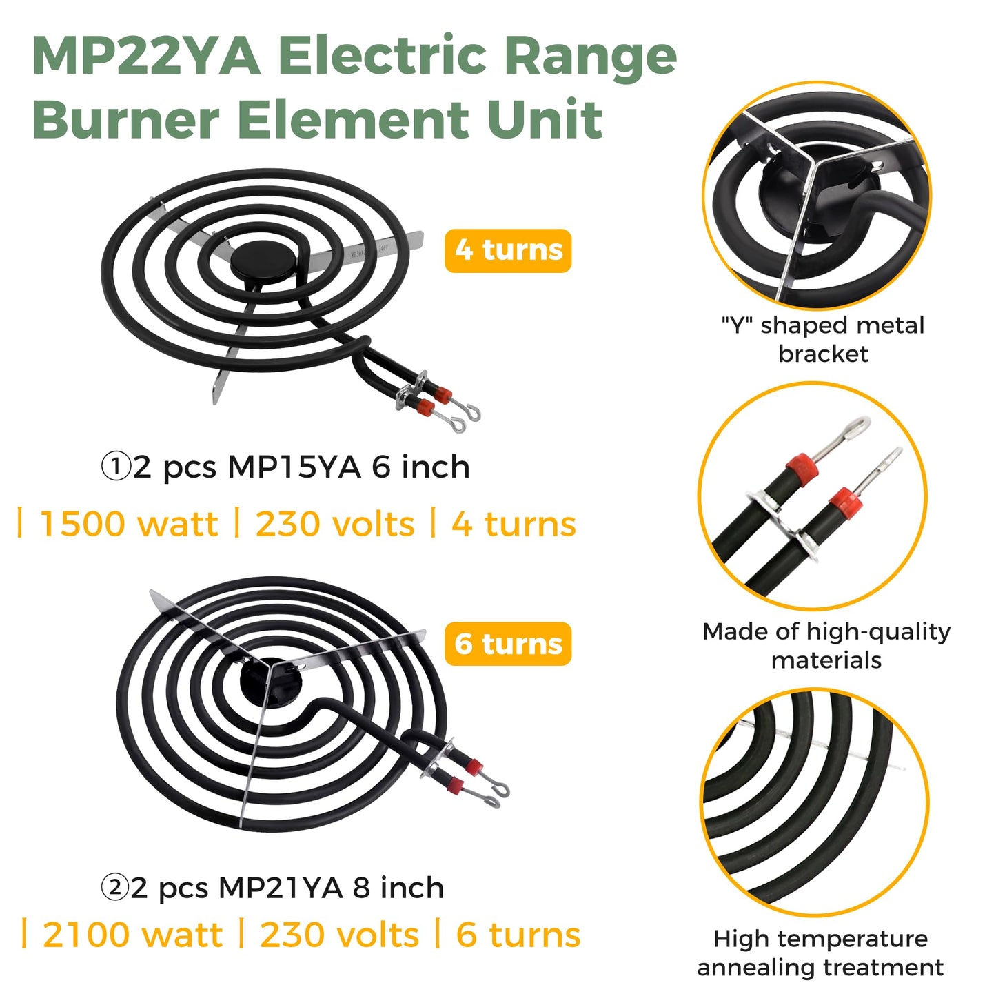 【2026 Upgraded】Electric Range Burner Element MP22YA Unit Set,2 pcs MP15YA 6'',2 pcs MP21YA 8'',4pcs 330031 Range Burner Receptacle kit.Replacement for Ranges/Stoves by Romalon
