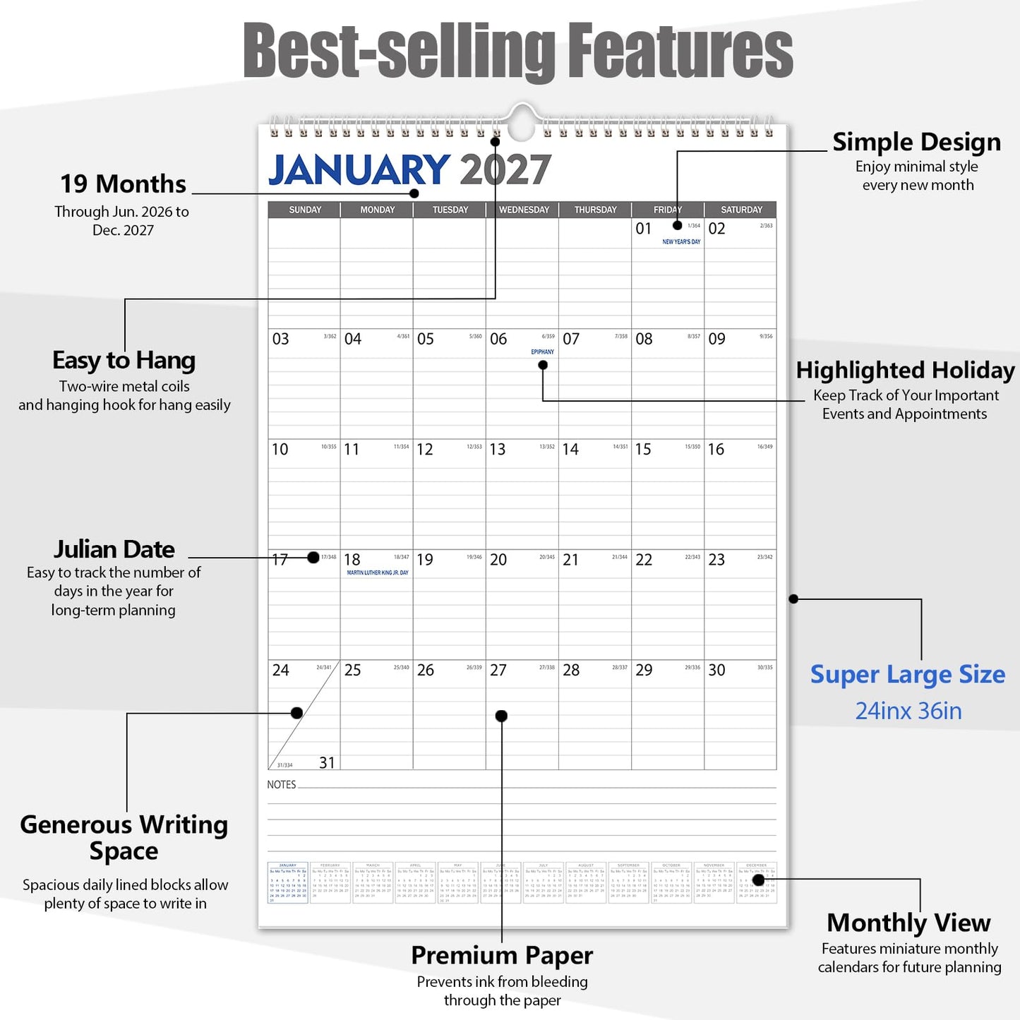 GuassLee Extra Large Wall Calendar 2026,Jumbo Vertical Wall Planner 2026-2027 from June 2026 to December 2027,19 Months with Julian Dates and Notes for Office School Home Teacher Planning,24"x 36"
