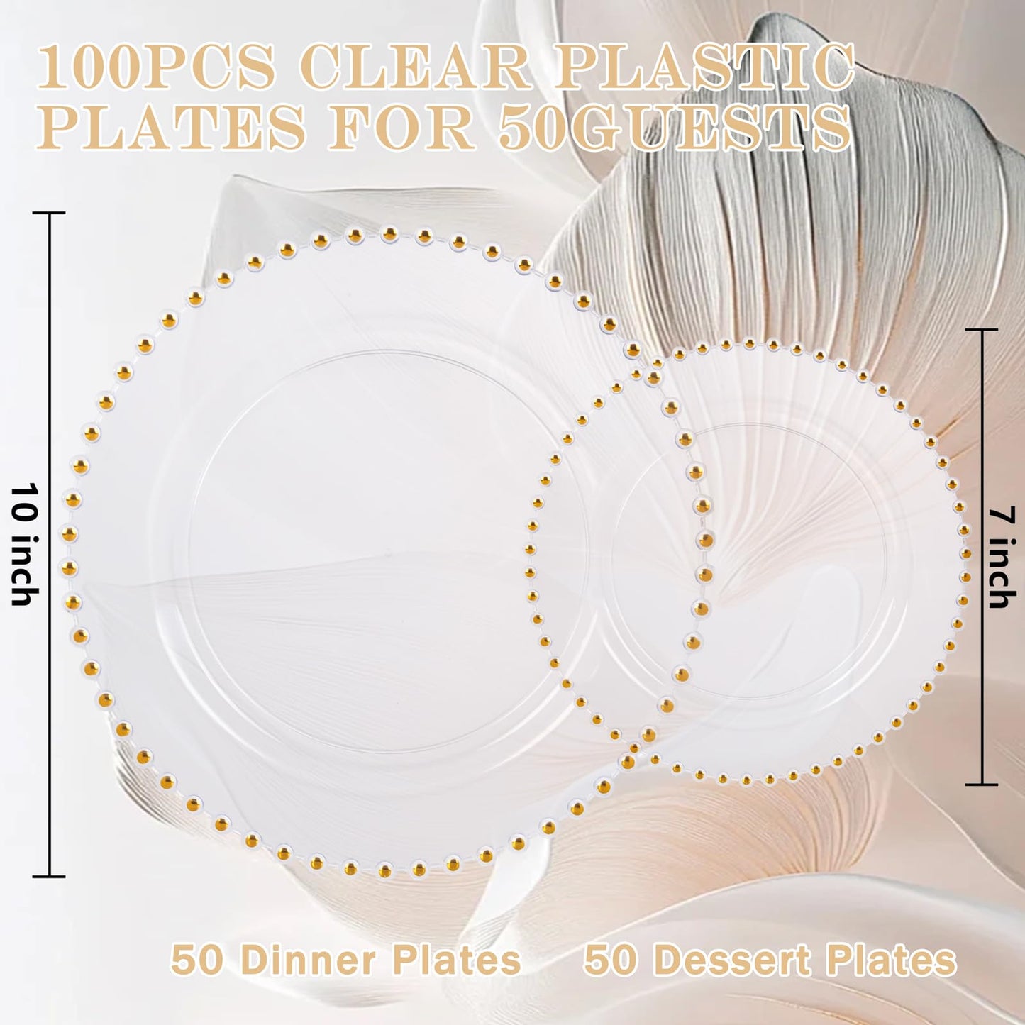 supernal 100pcs Clear Plastic Plates with Gold Beads-Clear and Gold Plastic Plates Disposable Heavy Duty-50 Dinner Plate 10.25inch and 50 Dessert Plate 7.5inch for Wedding,Birthday,Bridal Showers