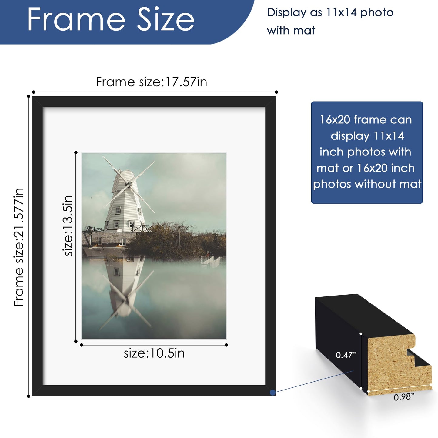 PEALSN 16x20 Picture Frame Set of 6, Display Pictures 11 x 14 with Mat or 16 x 20 without Mat for Wall Mounting Display, Poster Frames Collage for Wall Decor, Black.