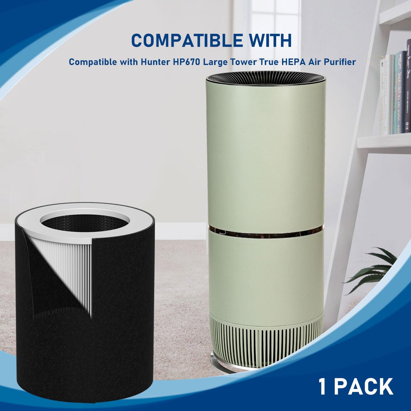 HP670 Replacement True HEPA Filter Set Compatible with Hunter HP670 Large Tower Filter, Part Number H-HF670-VP, 1 x HEPA + 4 x Activated carbon