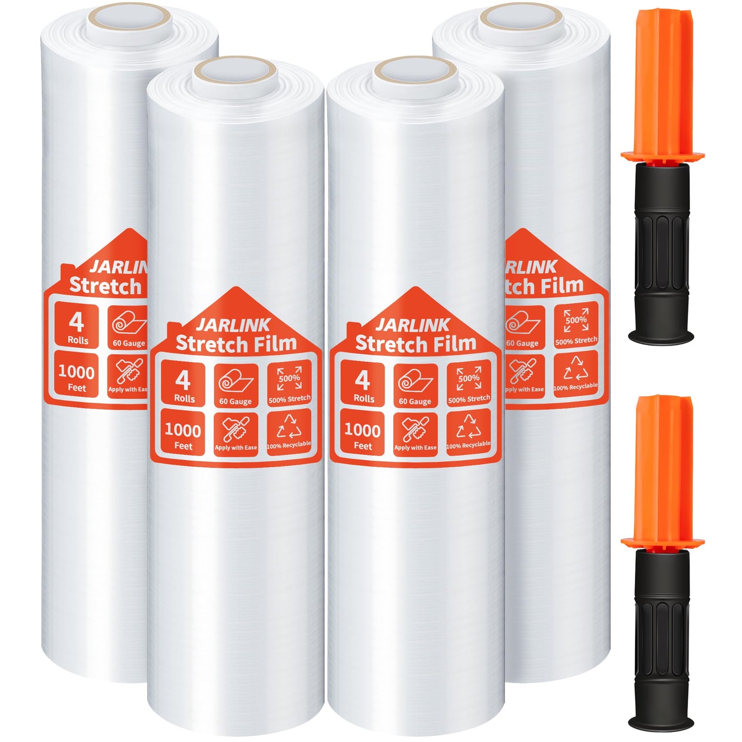 JARLINK Stretch Film, 15 Inch x 1000 Feet Shrink Wrap for Pallet Wrap, Industrial Strength Stretch Wrap with Handles, Moving Wrapping Plastic Roll, 60 Gauge, 4 Pack