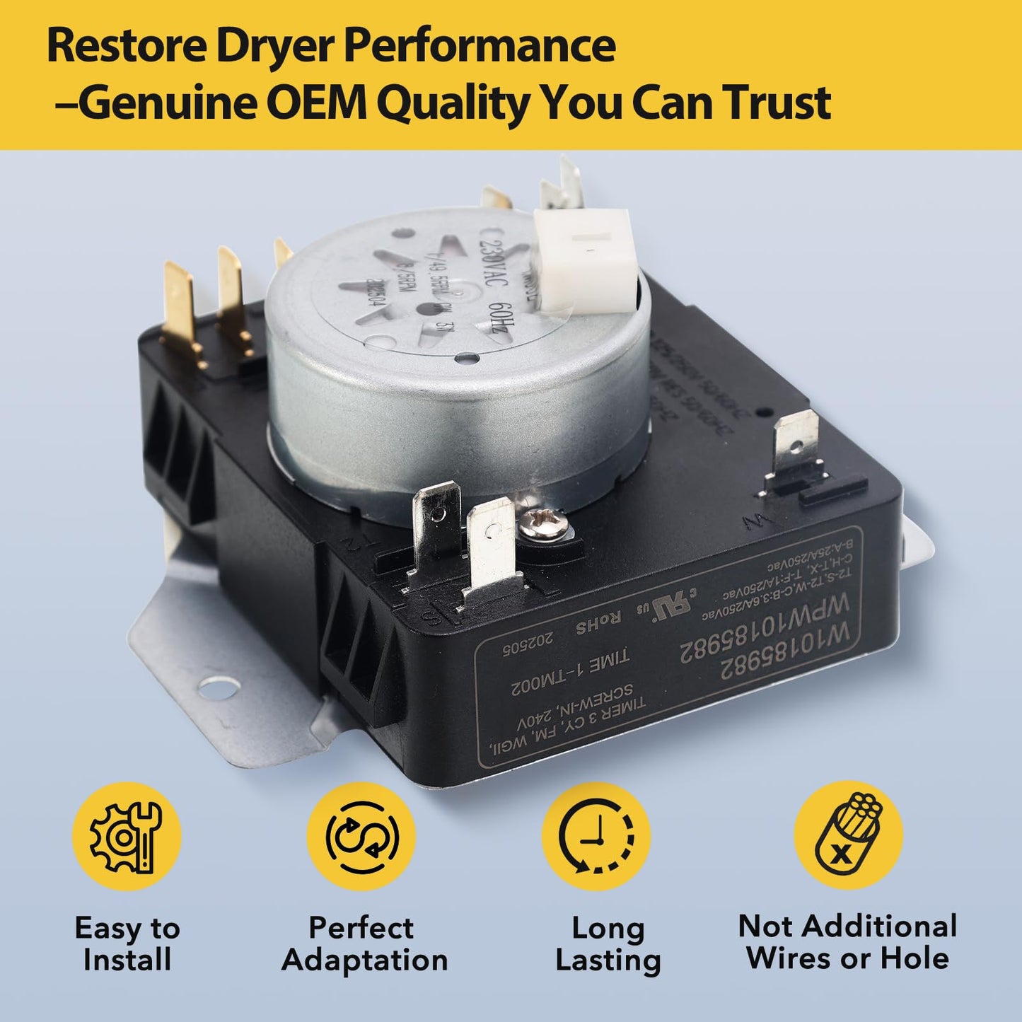 Lovgedr W10185982 WPW10185982 Dryer Timer Replacement, Genuine OEM Quality, Replaces 418-618-20-B5, AP6016541, PS11749831, 1546812, Fits Whirlpool, Maytag, Kenmore, Crosley Dryers, 2-Year Warranty