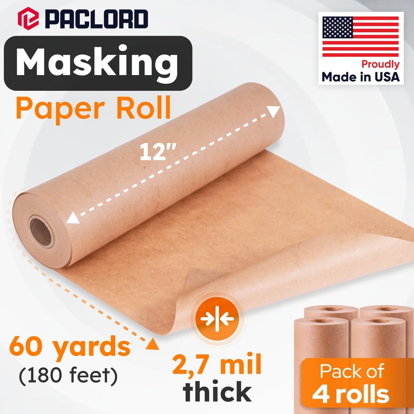 Paclord 12" x 60 Yards (180 feet) Masking Paper Roll (Pack of 4) - Made in USA General Purpose Kraft Masking Paper for Painting - Painters’ Protection from Splatter and Overspray