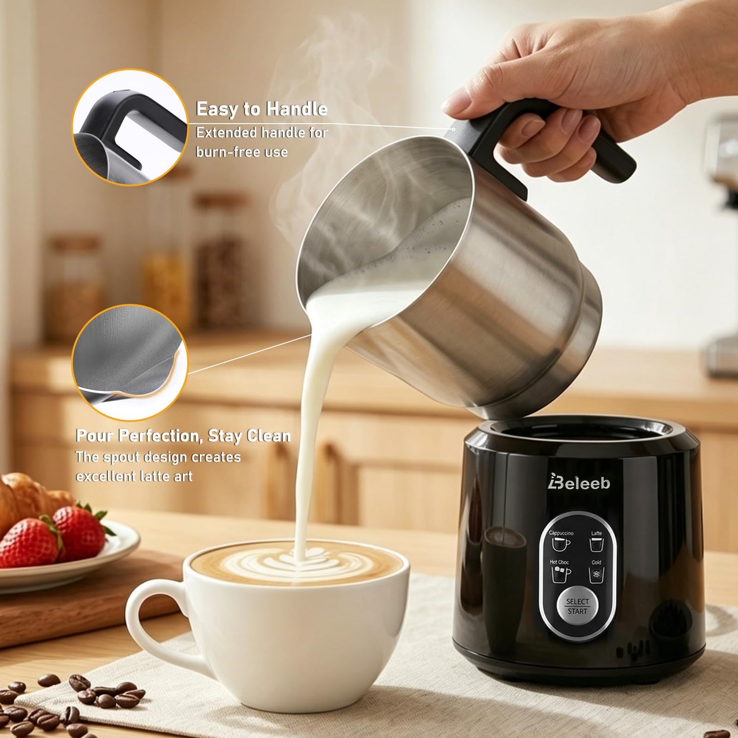 Beleeb Milk Frother, 4-in-1 Automatic Cold & Hot Electric Milk Frother and Steamer, 11.8oz/350ml Stainless Steel Milk Warmer, Quick and Easy for Effortlessly Making Cappuccino, Latte, Dishwasher Safe