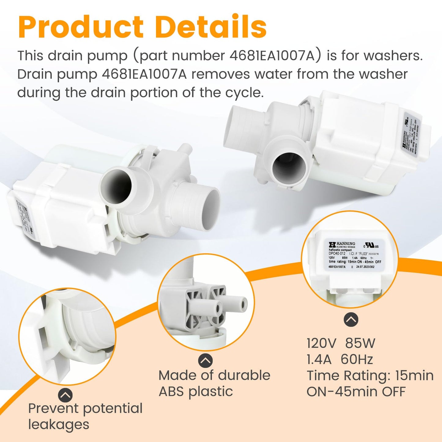 4681EA1007A DP040-012 Drain Pump (OEM) Compatible with lg, kenmore Washer Drain Pump 5859EA1004F 5859EA1004P 5859EA1004G WH23X10020, Fits for WT1101CW WT5001CW WT7200CW WT1201CV WT5270CW
