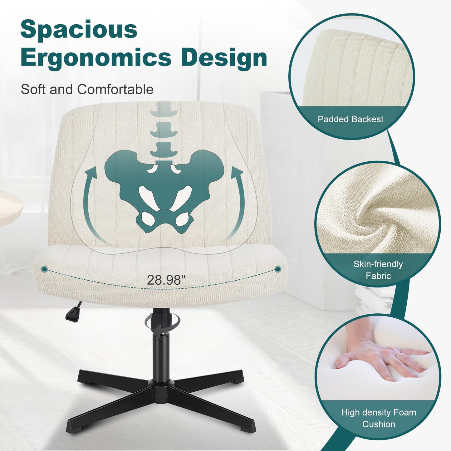 OLIXIS Criss Cross Legged Chairs Armless No Wheels Wide Seat Height Adjustable Swivel Padded Fabric Home Office Desk Chair for Bedroom, Student, Study Room,Beige