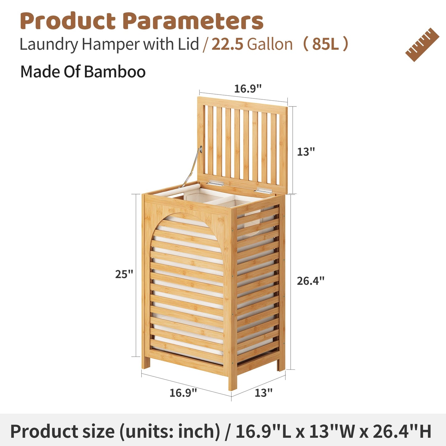 FILWH Laundry Hamper with Lid (16.9 * 13 * 26.5inches) Large Bamboo Laundry Bin Basket 85L Clothes Hamper with 1 Removable Bag Storage baskets for Bathroom(Natural)