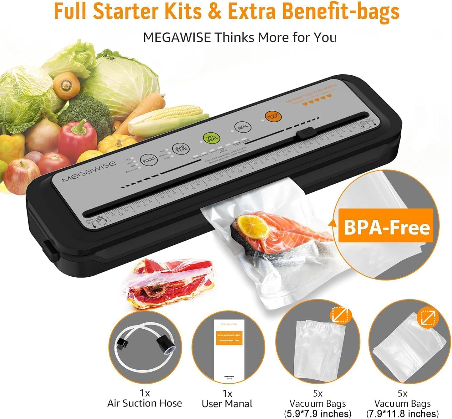 MegaWise Vacuum Sealer Machine, 80kPa Powerful Suction, One-Touch Automatic Food Sealer with Built-in Cutter & Bags Included, Dry Moist Modes for All Saving needs