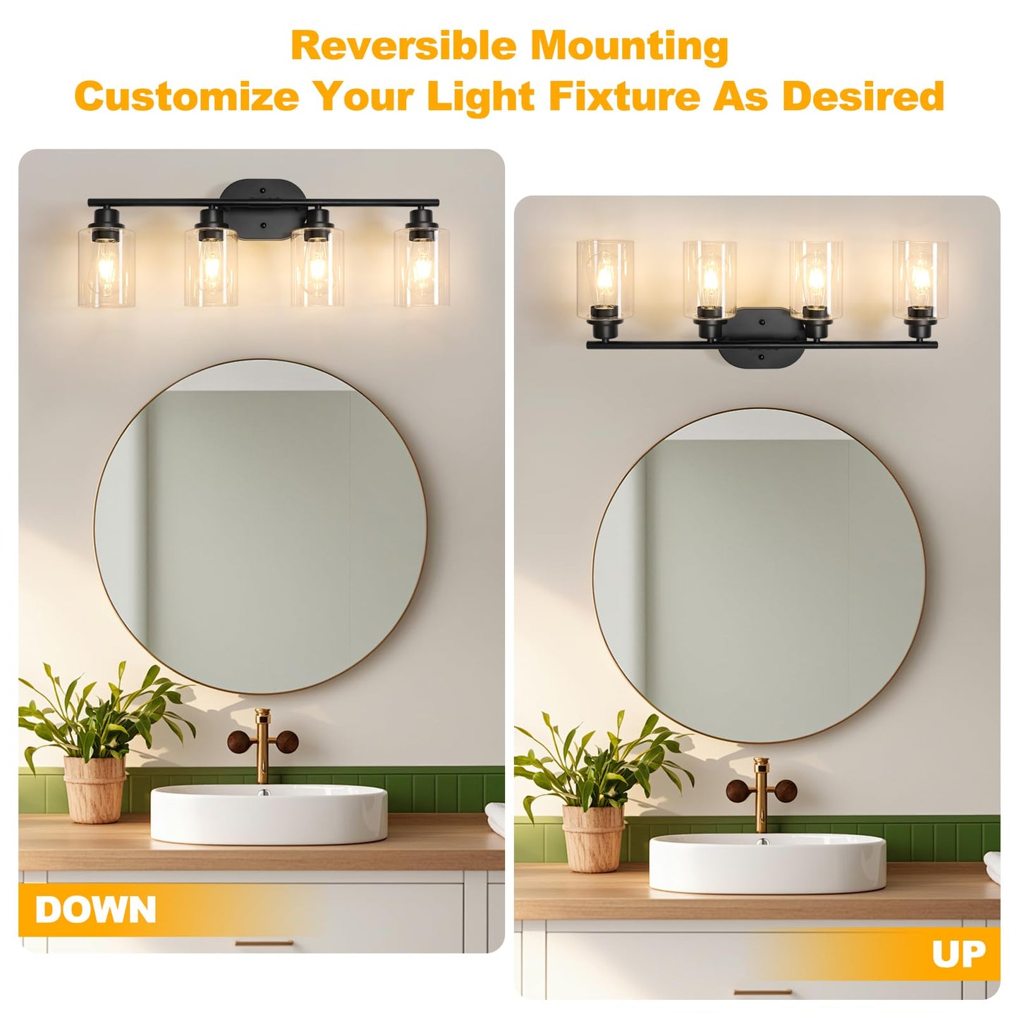 Unicozin Bathroom Light Fixtures, 4 Light Vanity Lights for Bathroom, Black Wall Lamp with Clear Glass for Mirror, Living Room, Hallway, Cabinet, E26 Base