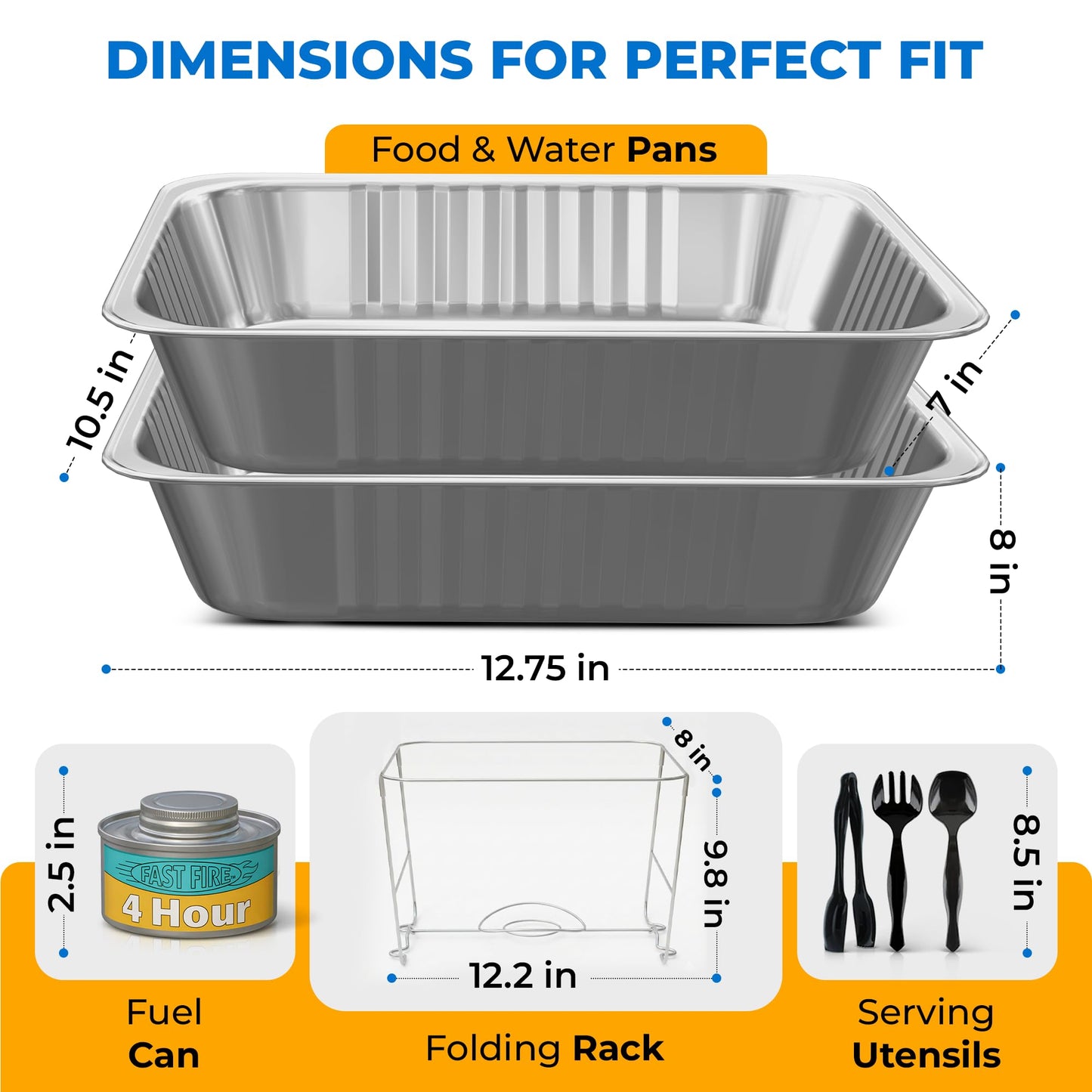 Disposable Chafing Dish Buffet Set – 6 Pack Half Size (Standard 10 3/8" x 12 3/4"), Patented Foldable Wire Racks, 4-Hour Fuel Cans, Aluminum Food & Water Pans, Serving Utensils, Reusable or Disposable