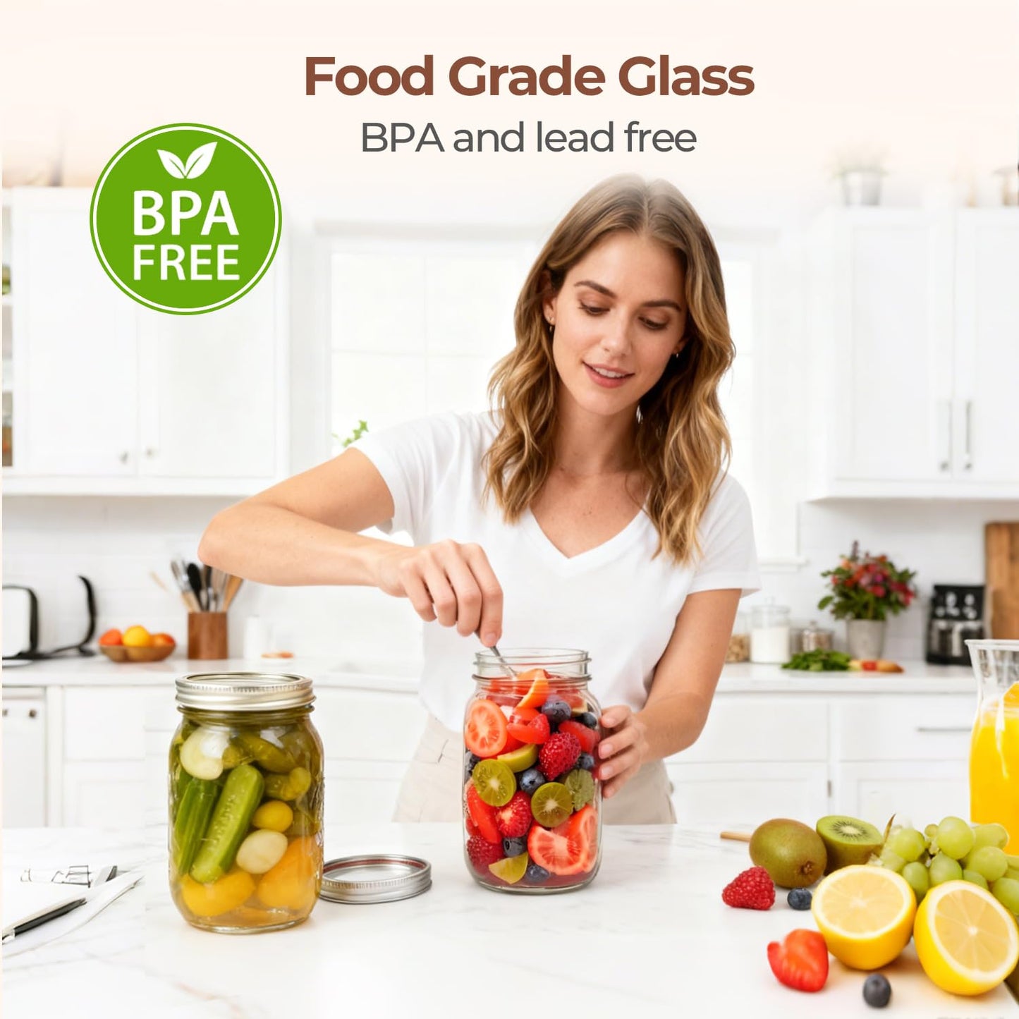 ComSaf Wide Mouth Mason Jars 32 oz with Lids 4 Pcs, Quart Mason Jars with Seal Band, Large Glass Jar, Big Canning Containers for Pickles, Jams, Sauces, Salsa, Sourdough, Juice, Suntea, Food Storage
