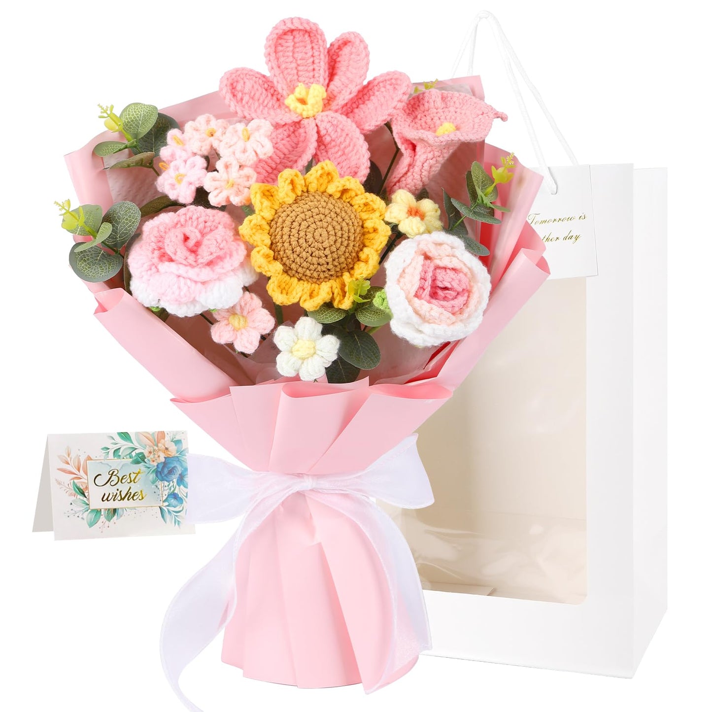 Crocheted Bouquet, Handmade Knitted Flowers，Tulips, Sunflowers Roses Crochet Flowers Suitable for Valentine's Day Teacher's Day Anniversary Birthday Parties Mother's Day Graduation Gifts (Pink)