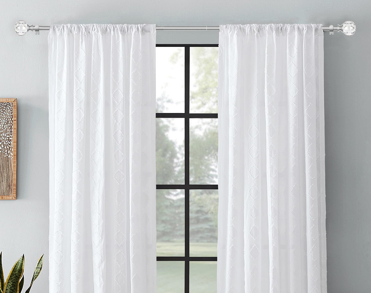 KAMANINA Silver Crystal Curtain Rod 72 to 144 Inches (6-12 Feet), 1 Inch Heavy Duty Curtain Rods for Windows, Telescoping Long Drapery Rods with Acrylic Diamond Netted Texture Finials